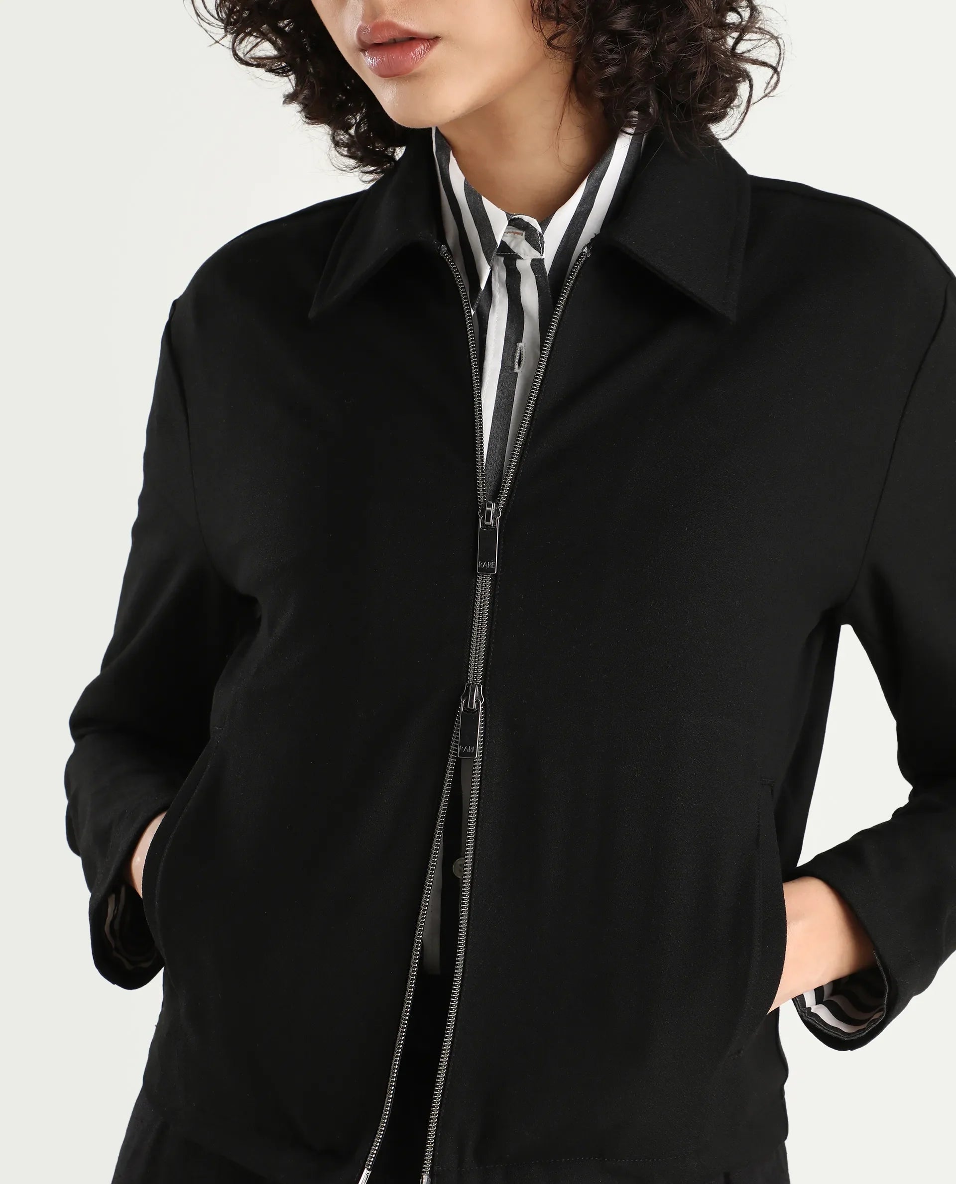 Rareism Women's Nizlo Black Polyester Blend Spread Collar Regular Plain Jacket