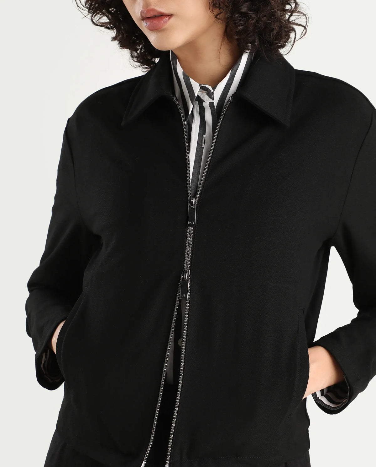 Rareism Women's Nizlo Black Polyester Blend Spread Collar Regular Plain Jacket