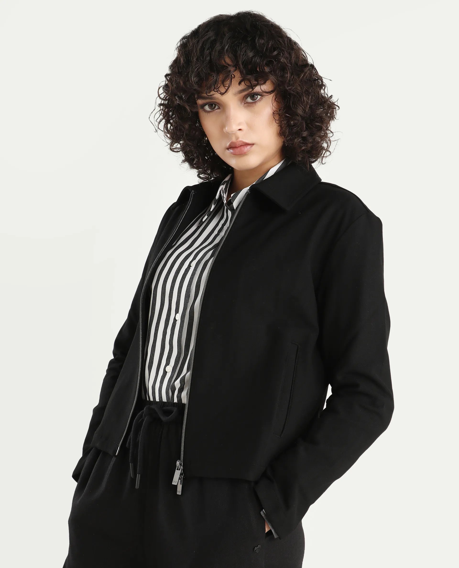 Rareism Women's Nizlo Black Polyester Blend Spread Collar Regular Plain Jacket