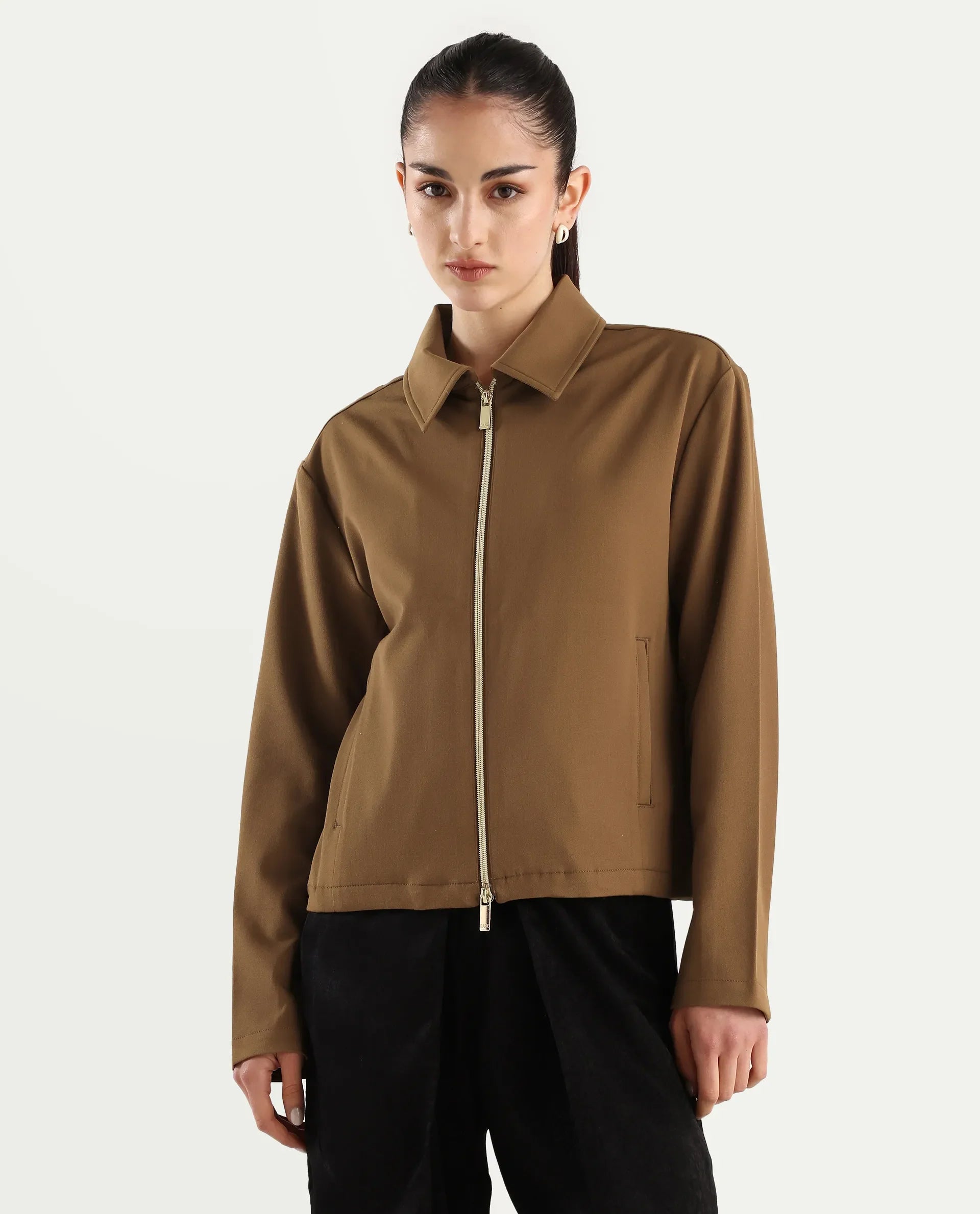 Rareism Women's Nizloz Light Brown Polyester Blend Spread Collar Regular Plain Jacket