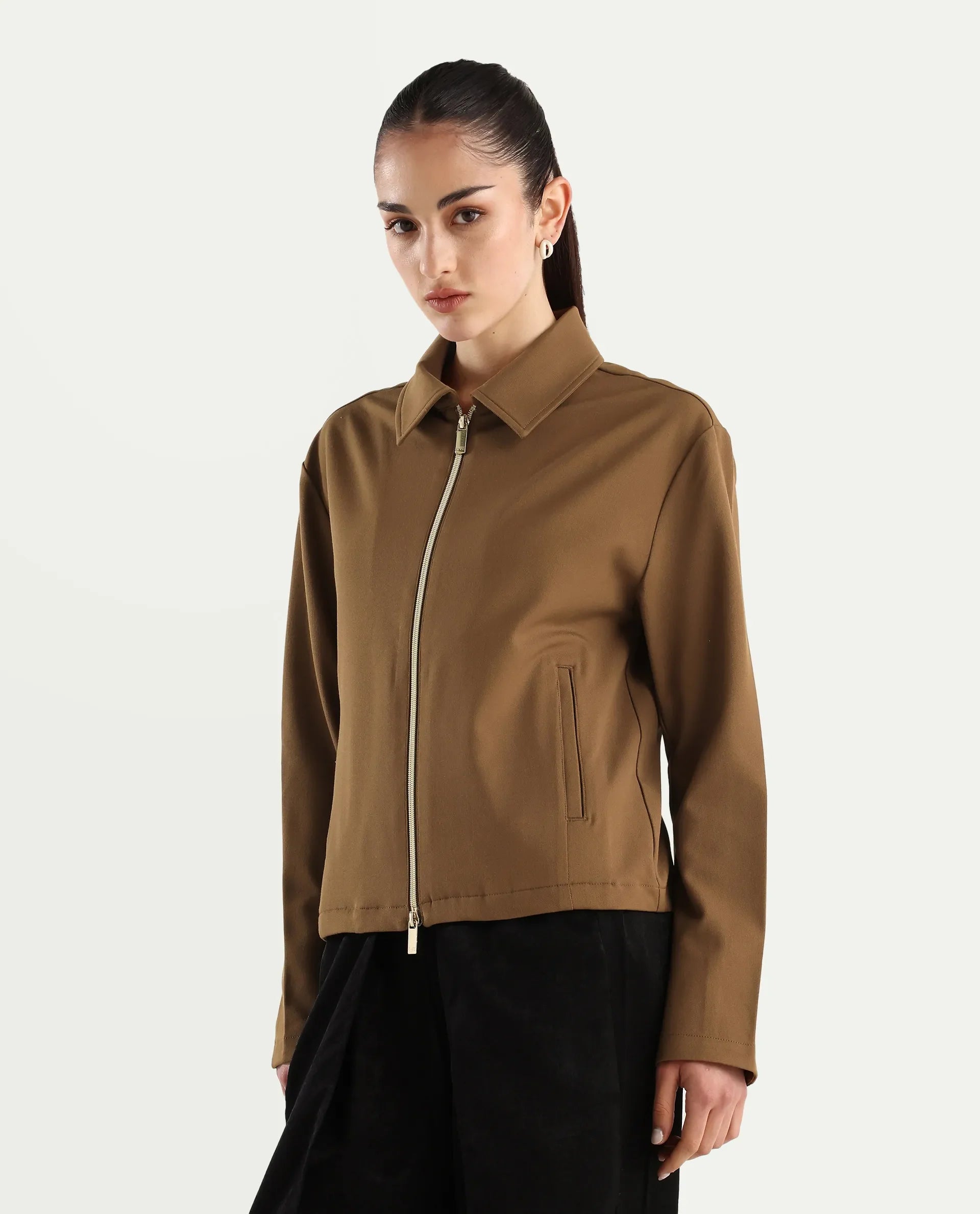 Rareism Women's Nizloz Light Brown Polyester Blend Spread Collar Regular Plain Jacket