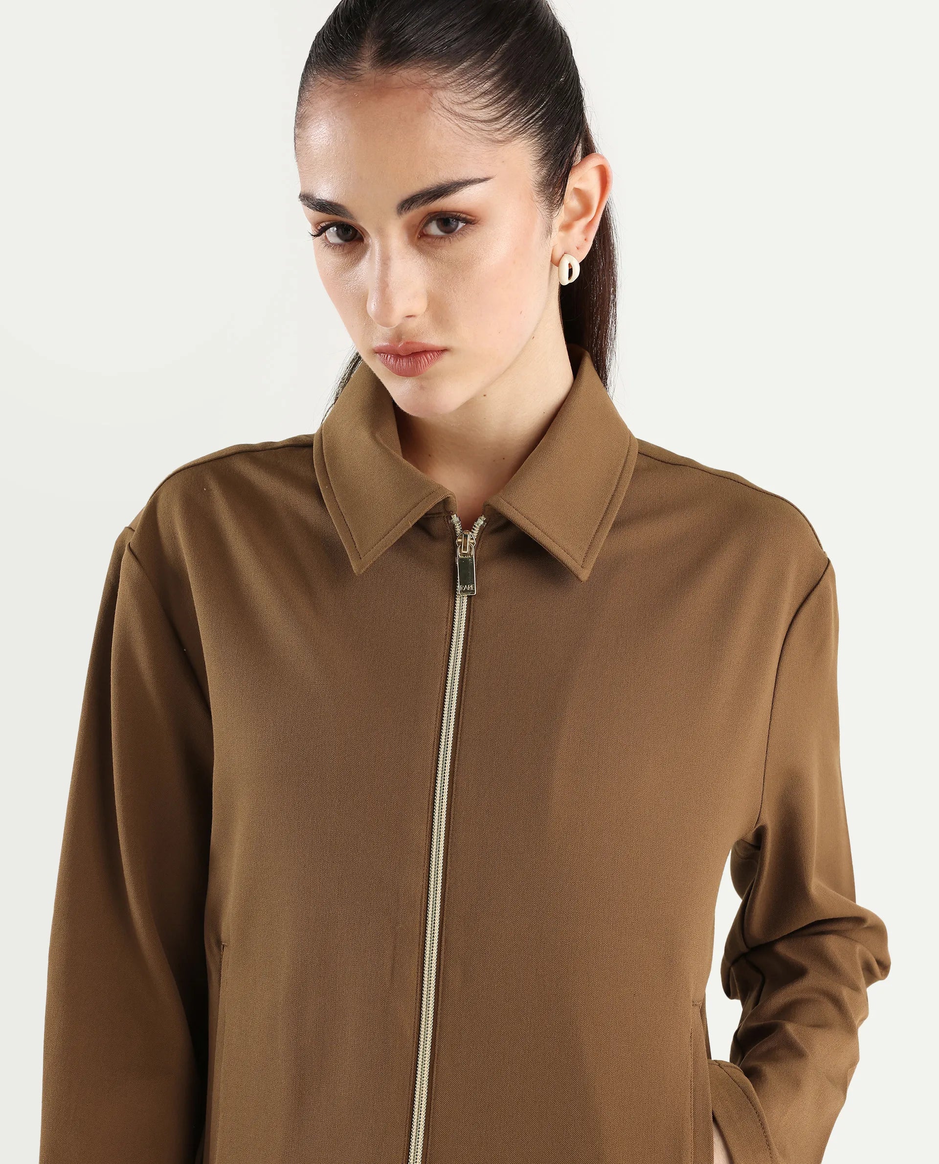 Rareism Women's Nizloz Light Brown Polyester Blend Spread Collar Regular Plain Jacket