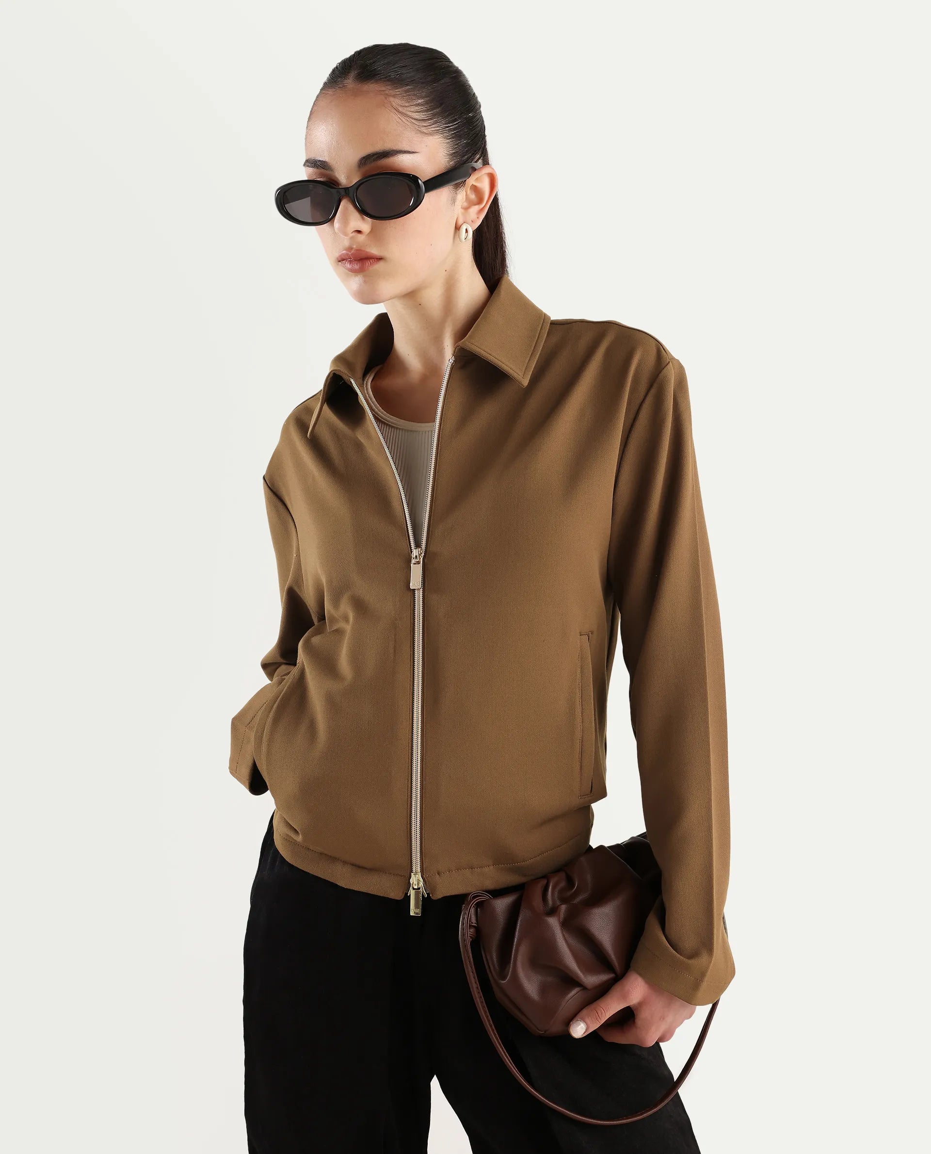 Rareism Women's Nizloz Light Brown Polyester Blend Spread Collar Regular Plain Jacket