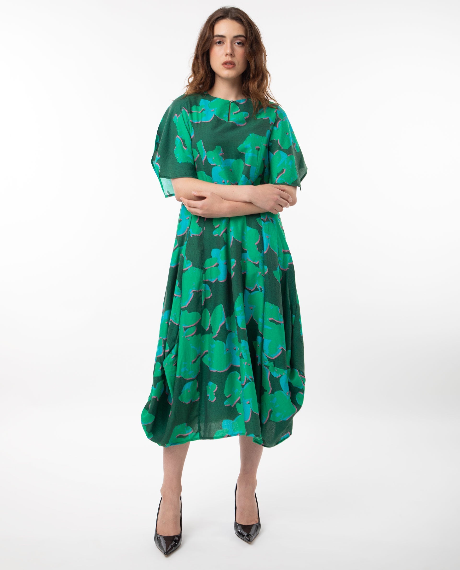 Rareism Women Kanda Green Poly Viscose Fabric Short Sleeves Button Closure Round Neck Bell Sleeve Regular Fit Abstract Print Midi Asymmetric Dress