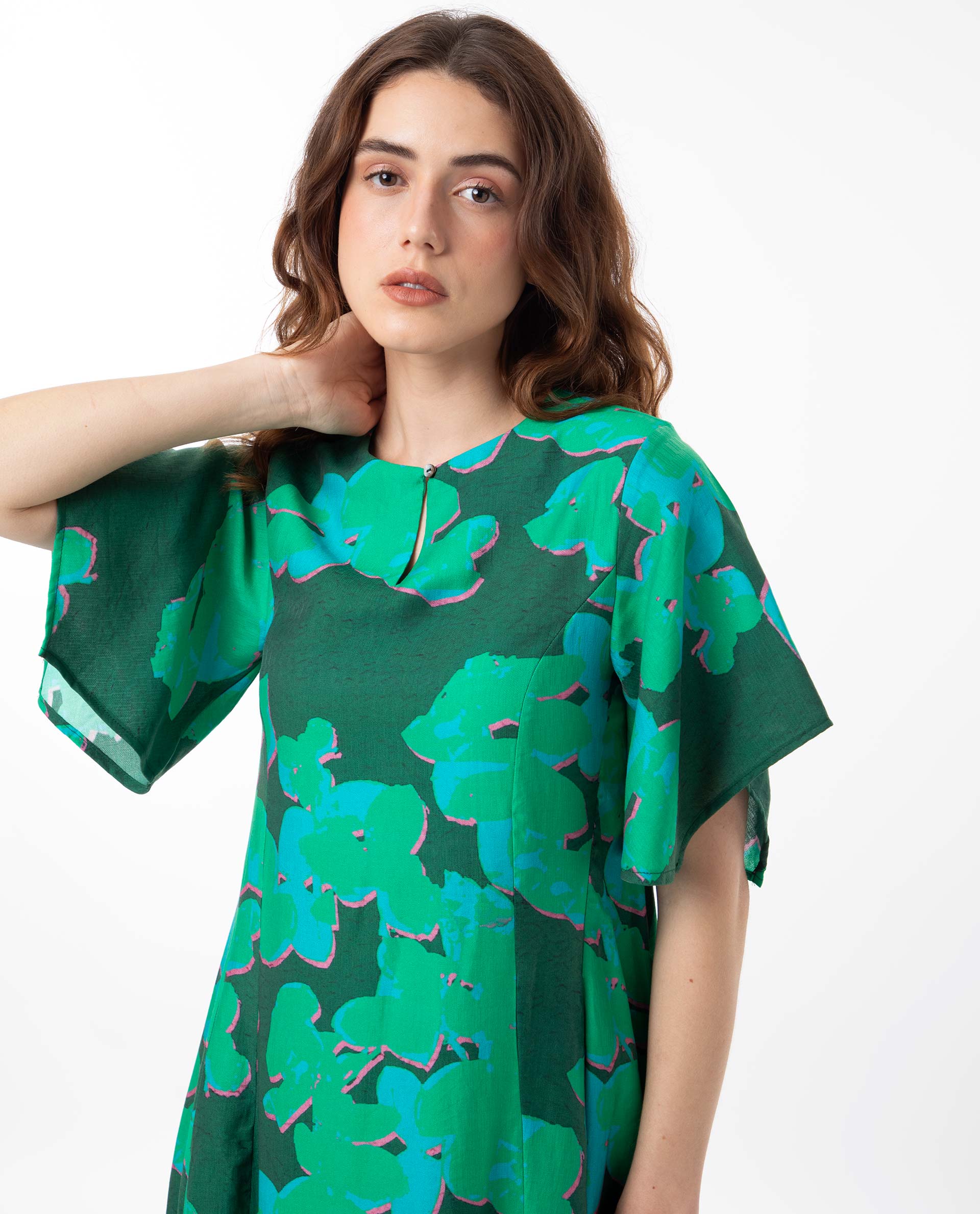 Rareism Women Kanda Green Poly Viscose Fabric Short Sleeves Button Closure Round Neck Bell Sleeve Regular Fit Abstract Print Midi Asymmetric Dress