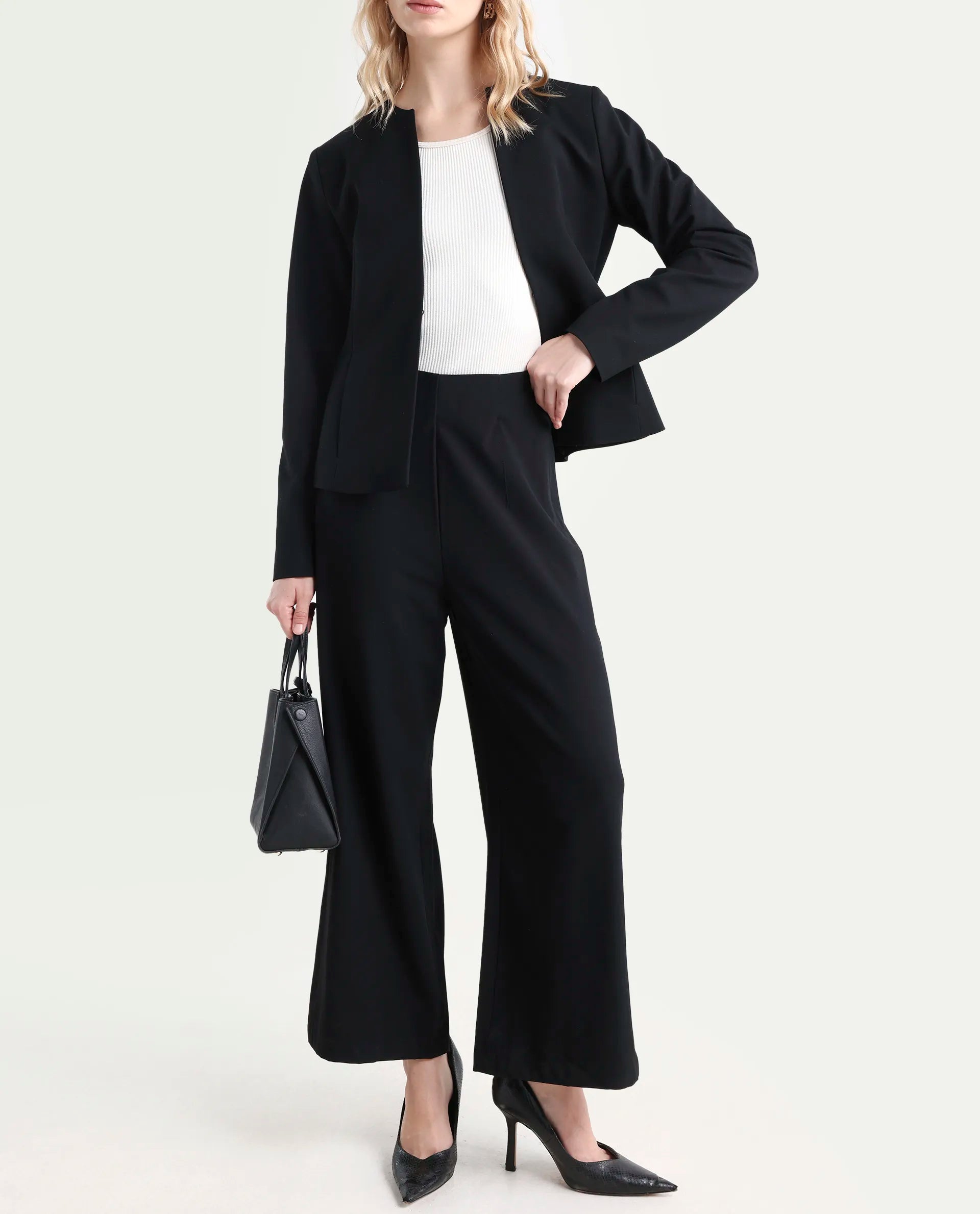 Rareism Women's Noahti Black Cotton Plain Ankle Length Wide Trouser