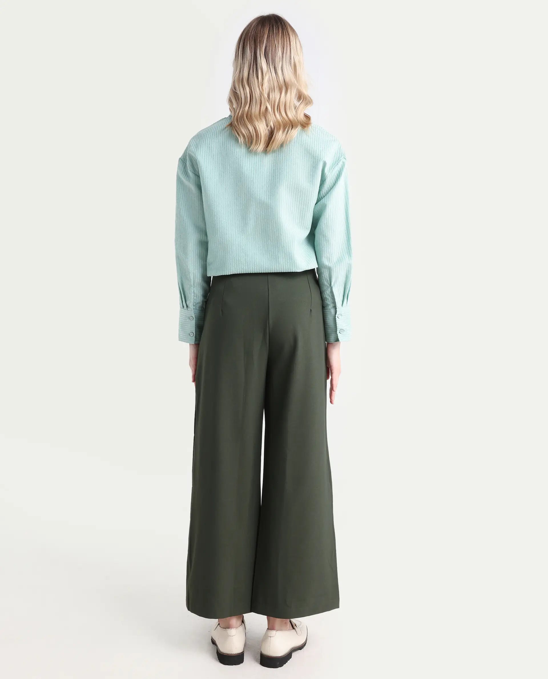 Rareism Women's Noahti Green Cotton Plain Ankle Length Wide Trouser