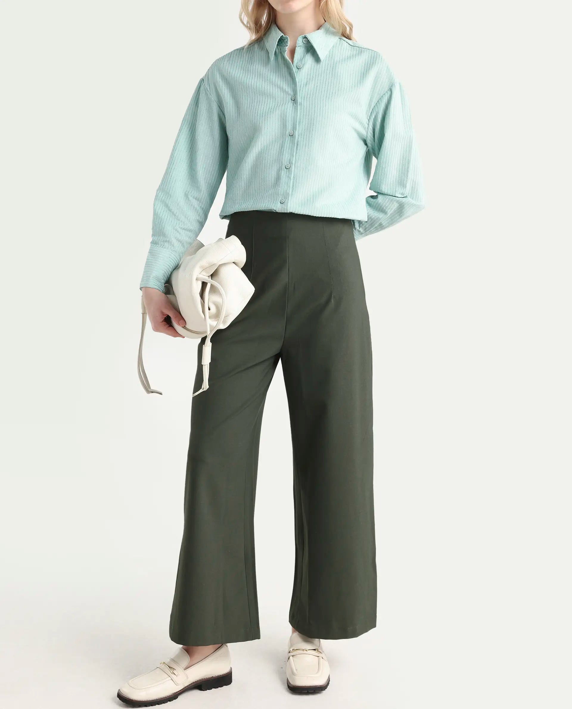 Rareism Women's Noahti Green Cotton Plain Ankle Length Wide Trouser