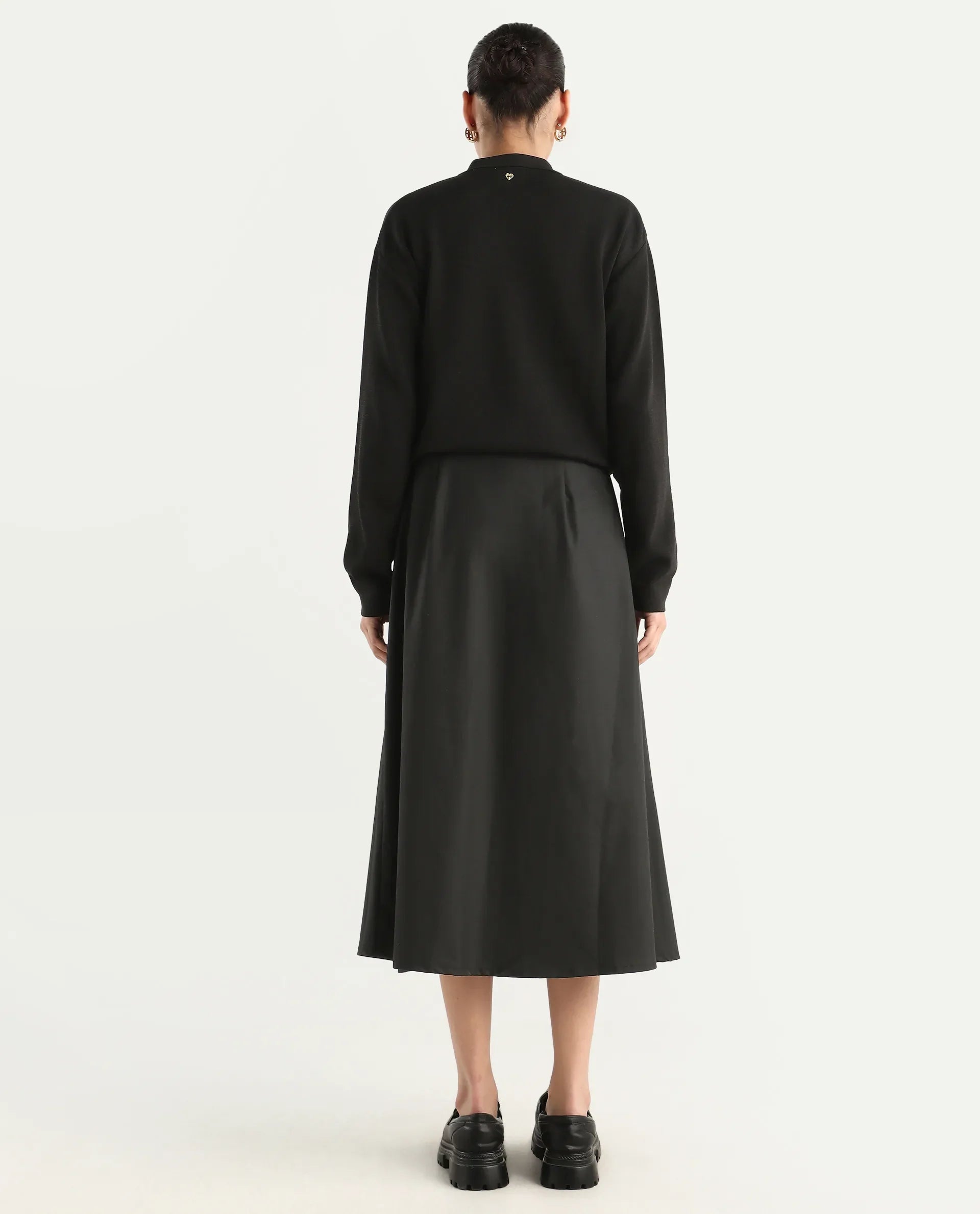 Rareism Women's Noblopa Black Polyester Blend Plain Midi A-Line Skirt