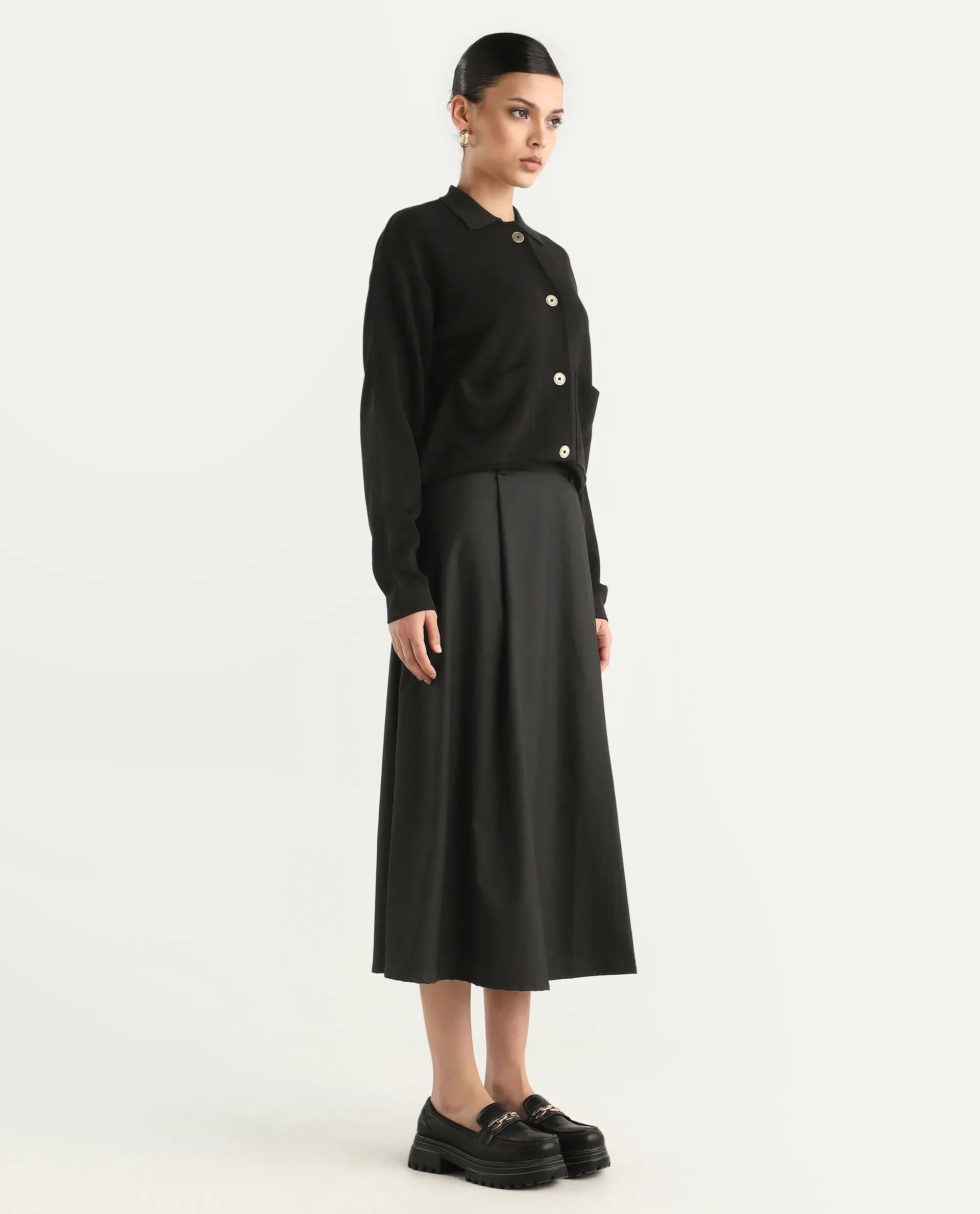 Rareism Women's Noblopa Black Polyester Blend Plain Midi A-Line Skirt