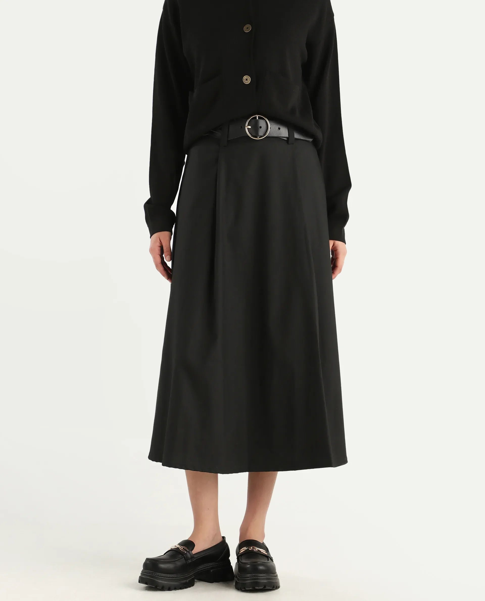 Rareism Women's Noblopa Black Polyester Blend Plain Midi A-Line Skirt