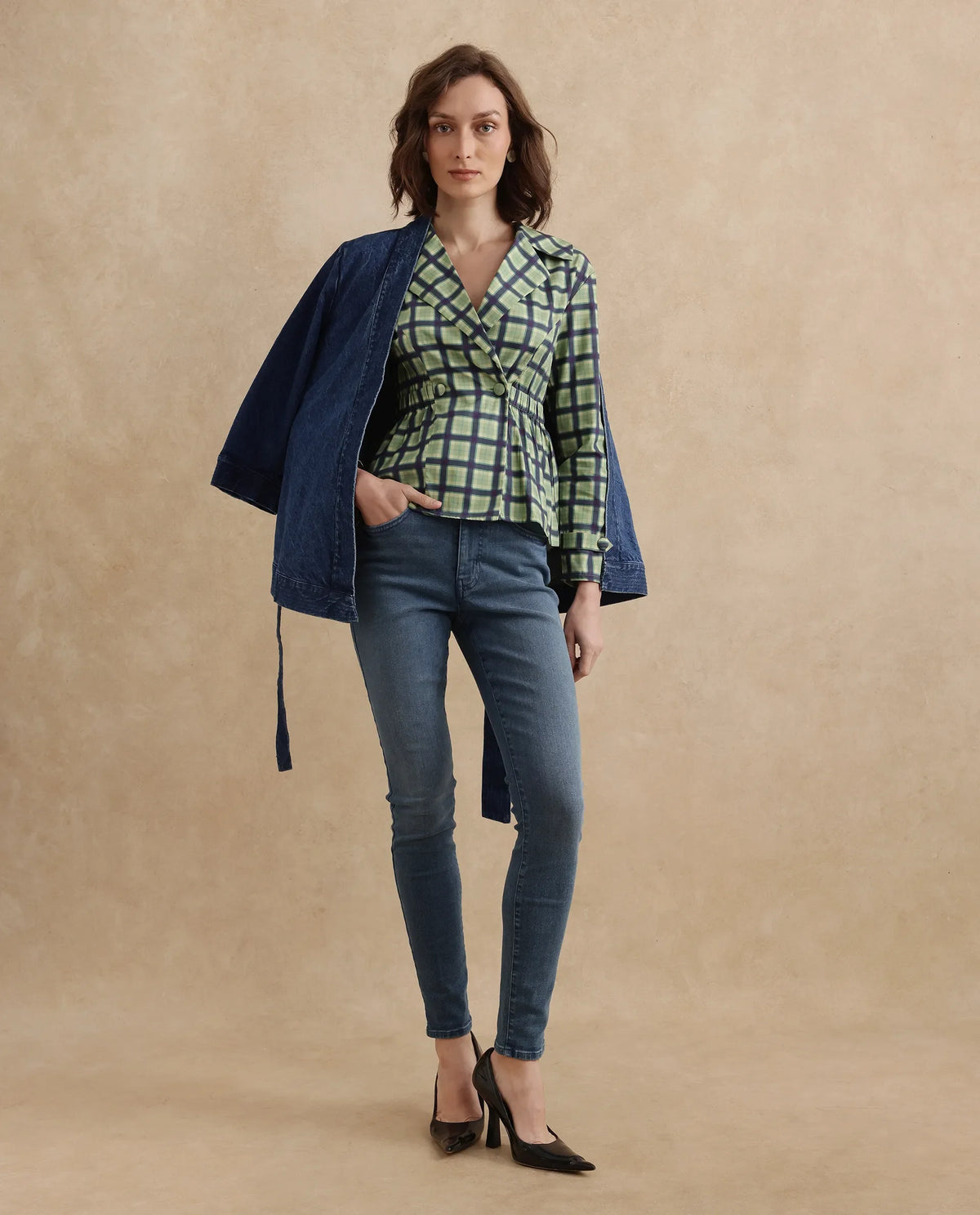 Rareism Women Nolopo Olive Poplin Fabric Full Sleeves Lapel Neck Button Closure Flannel Print Top