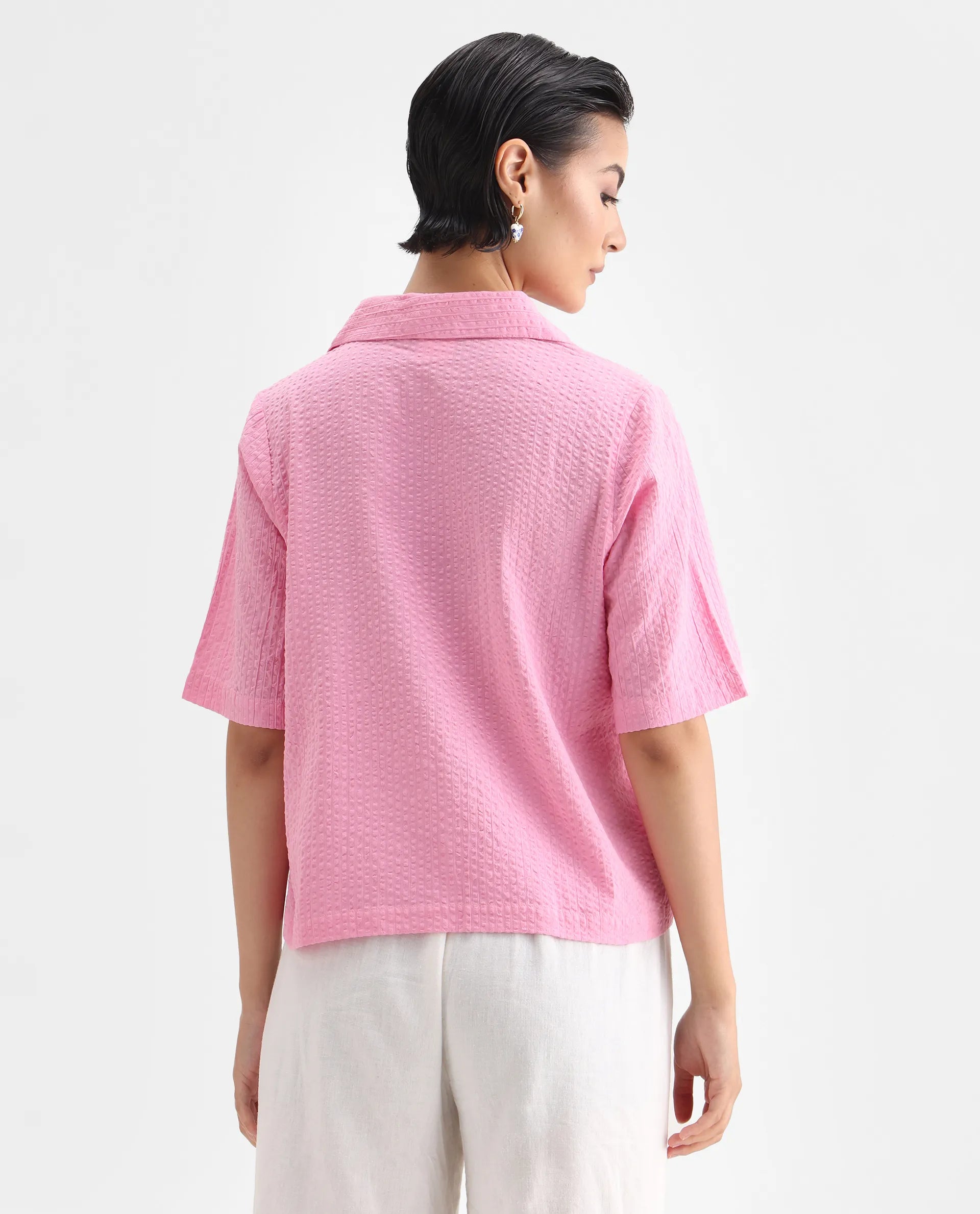 Rareism Women's Nomiki Pink Cotton Lapel Neck Plain Regular Fit Top