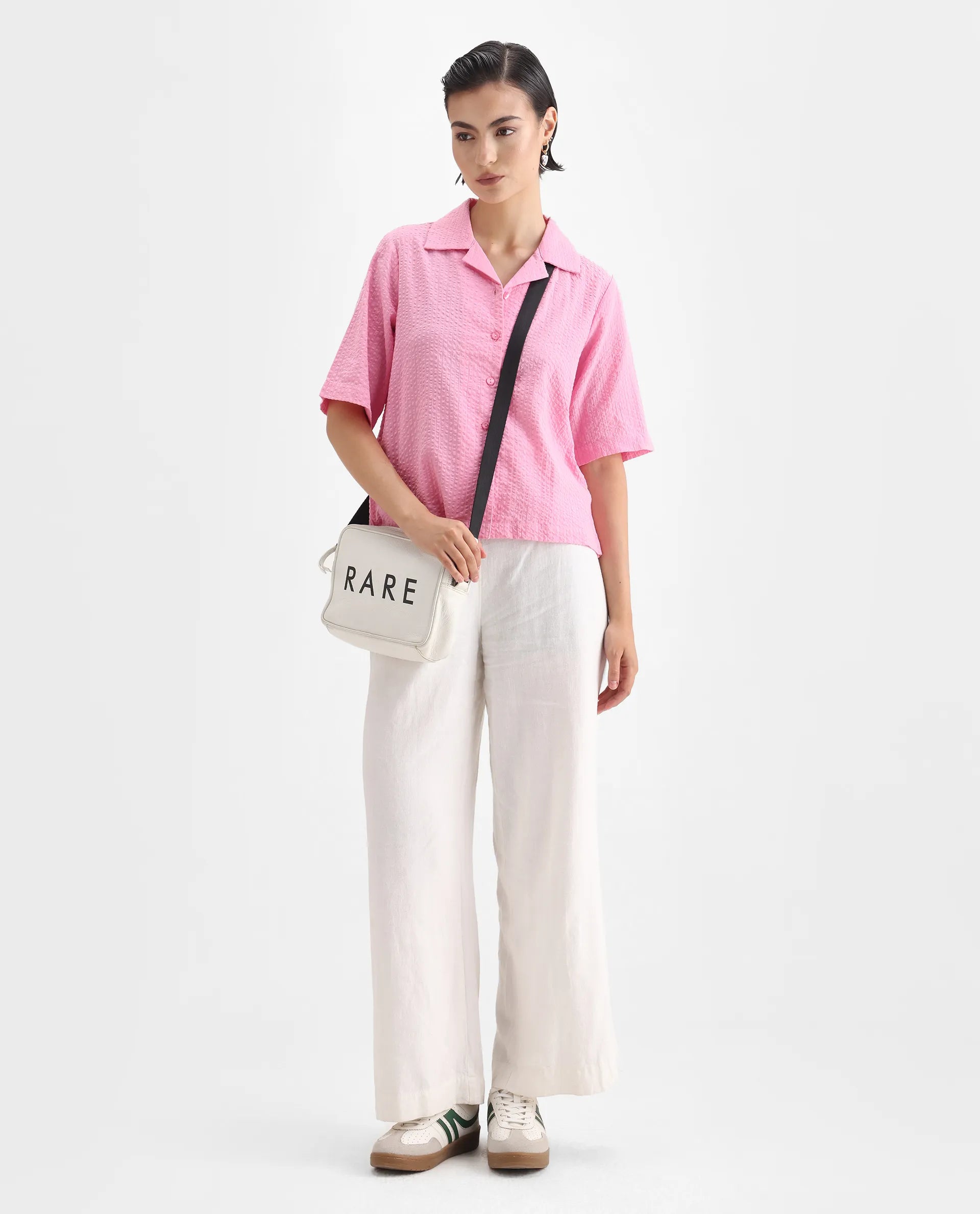 Rareism Women's Nomiki Pink Cotton Lapel Neck Plain Regular Fit Top