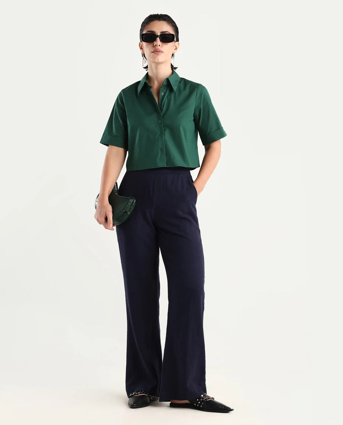 Rareism Women's Nomoli Dark Green Cotton Blend Drop Collar Plain Crop Boxy Fit Shirt