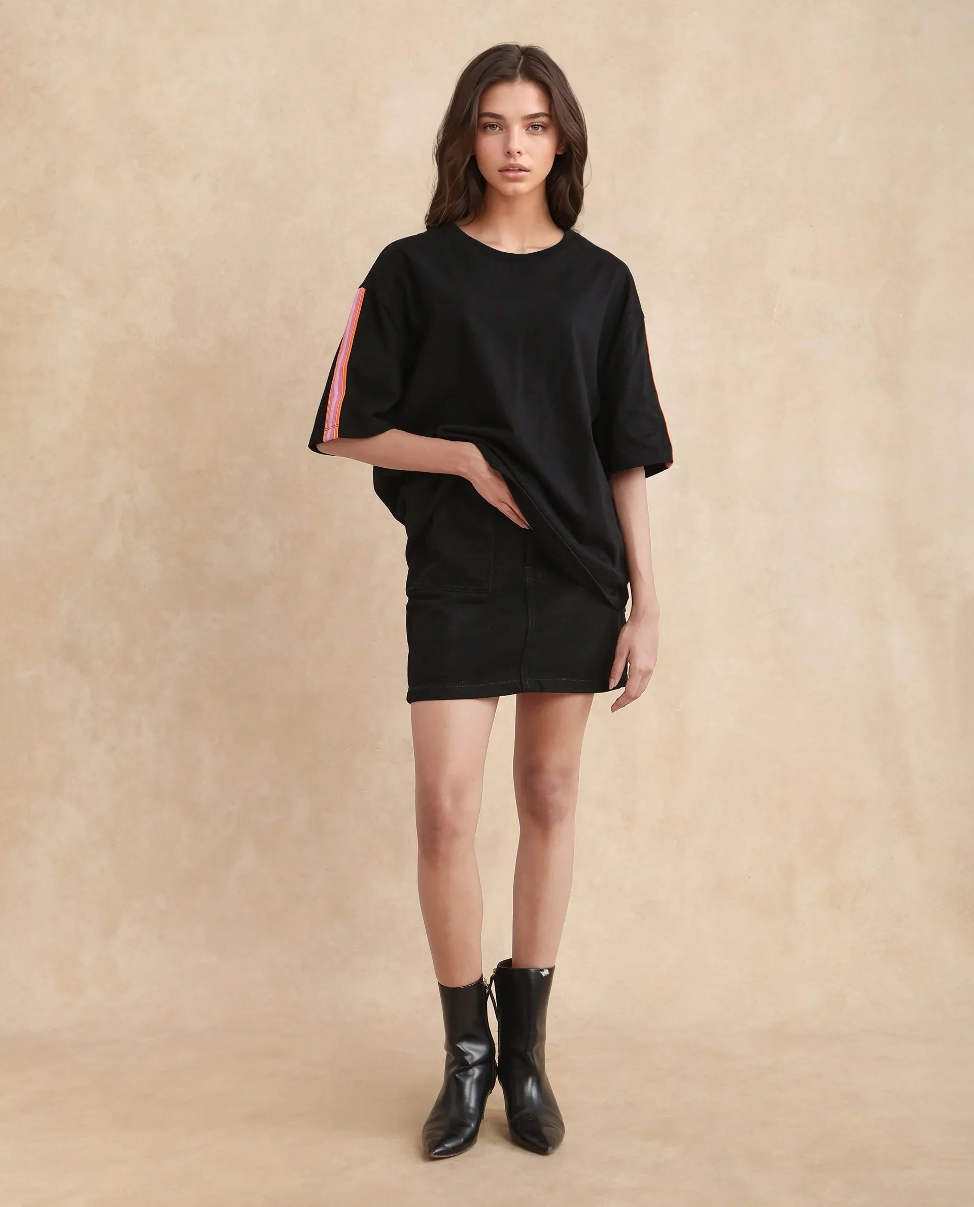 Rareism Women's Nonwen T Black Polyester Blend Crew Neck Striped Oversized T-Shirt Oversize