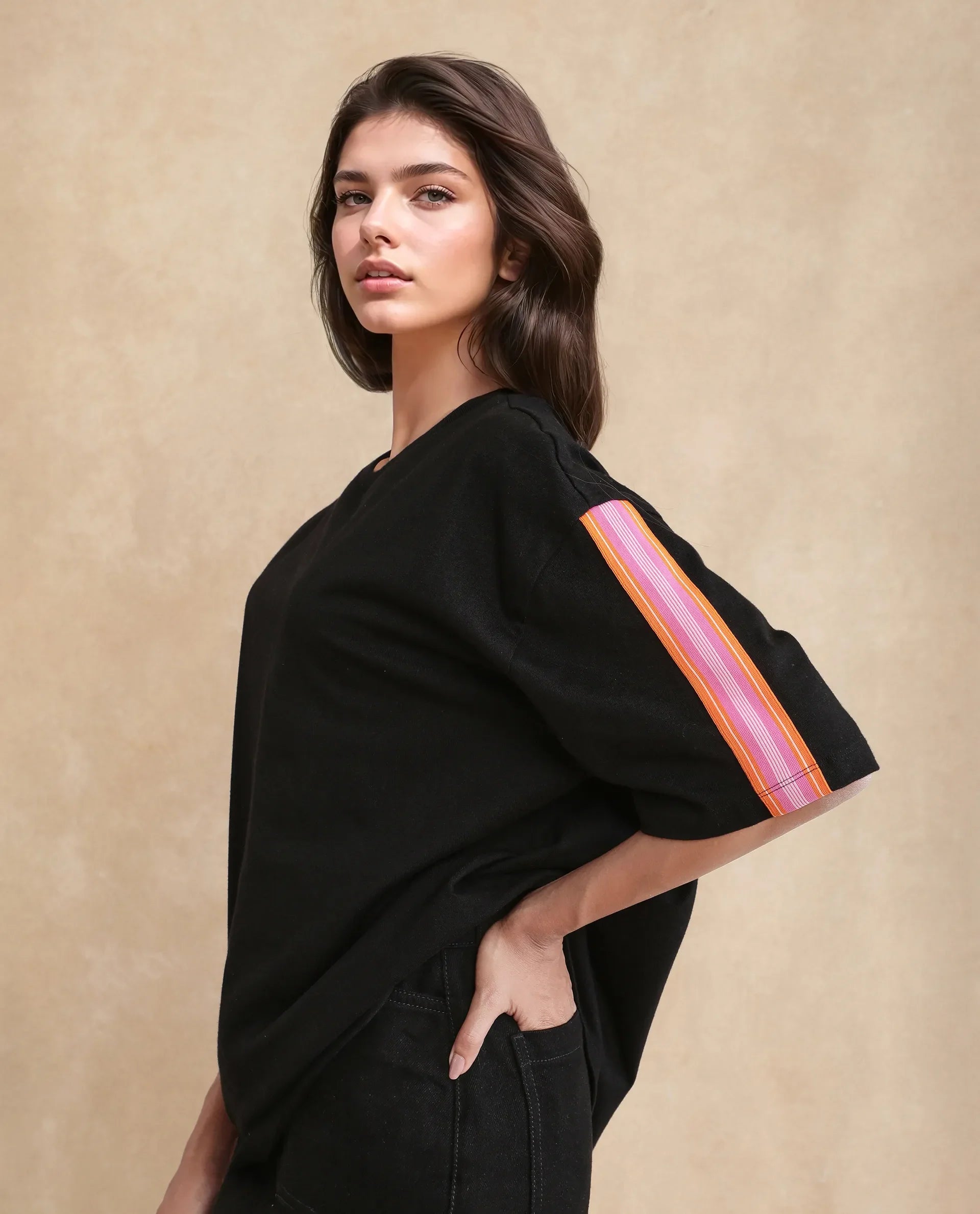 Rareism Women's Nonwen T Black Polyester Blend Crew Neck Striped Oversized T-Shirt Oversize