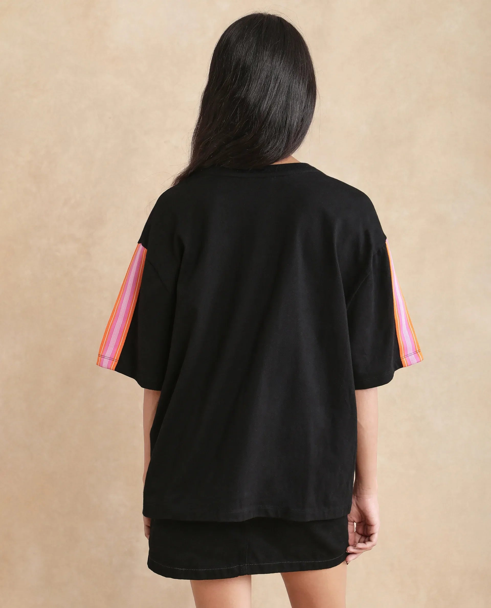 Rareism Women's Nonwen T Black Polyester Blend Crew Neck Striped Oversized T-Shirt Oversize