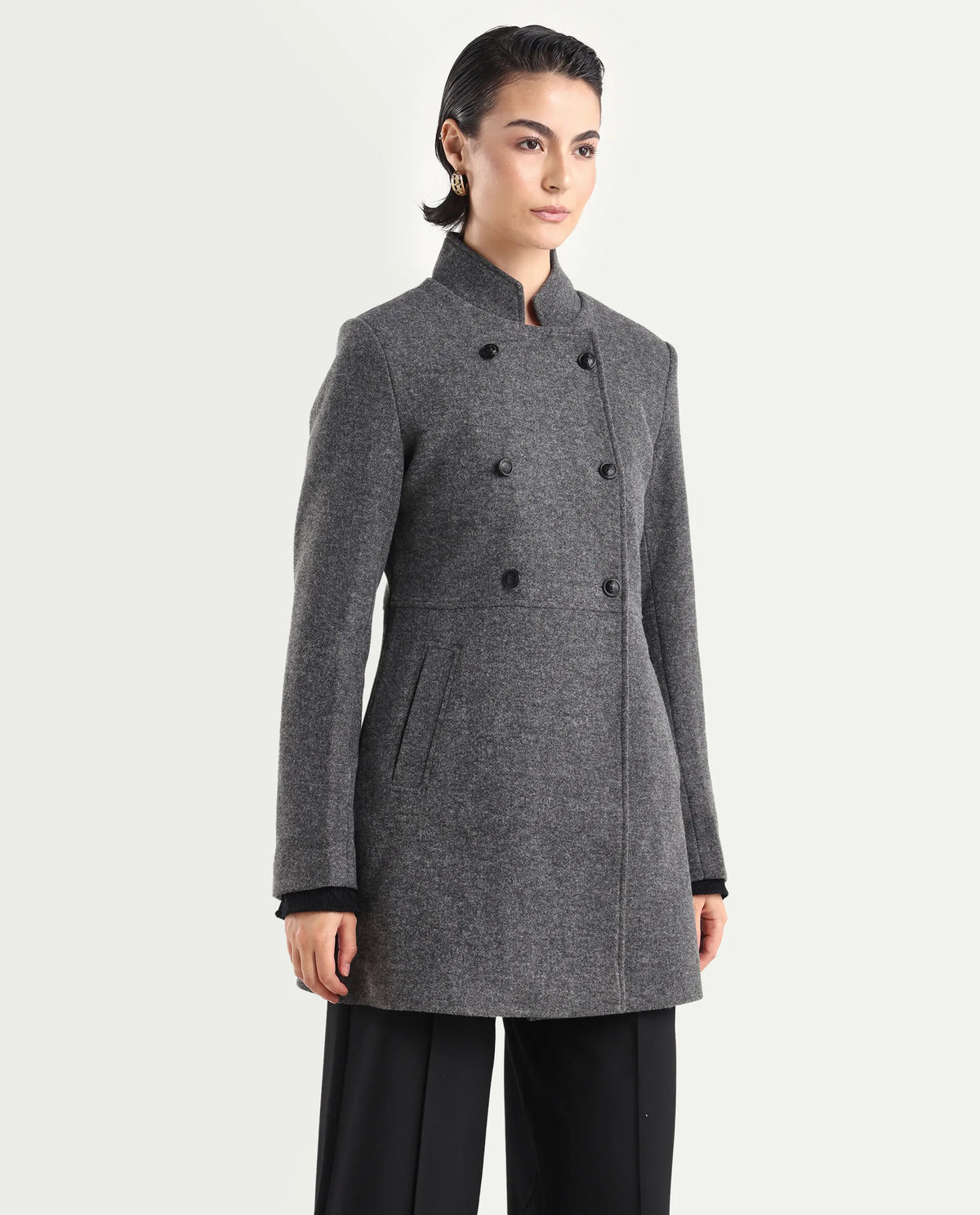 Rareism Women's Norint Dark Grey Polyester Blend Mandarin Collar Fitted Coat