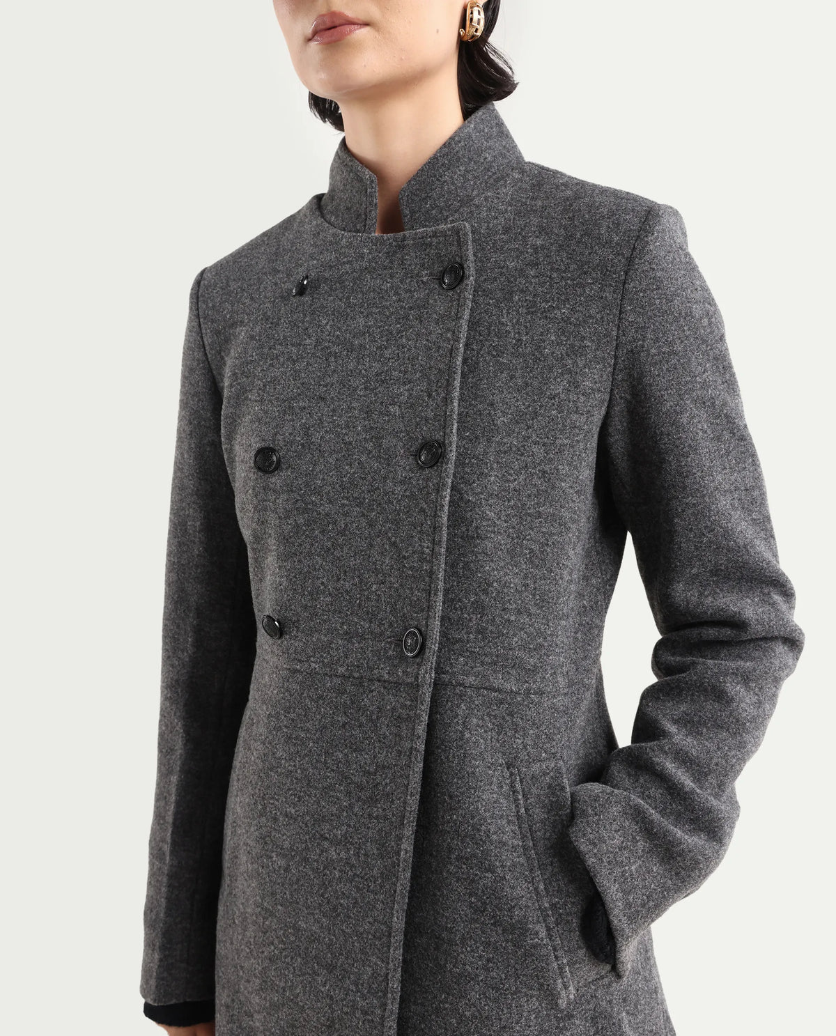 Rareism Women's Norint Dark Grey Polyester Blend Mandarin Collar Fitted Coat