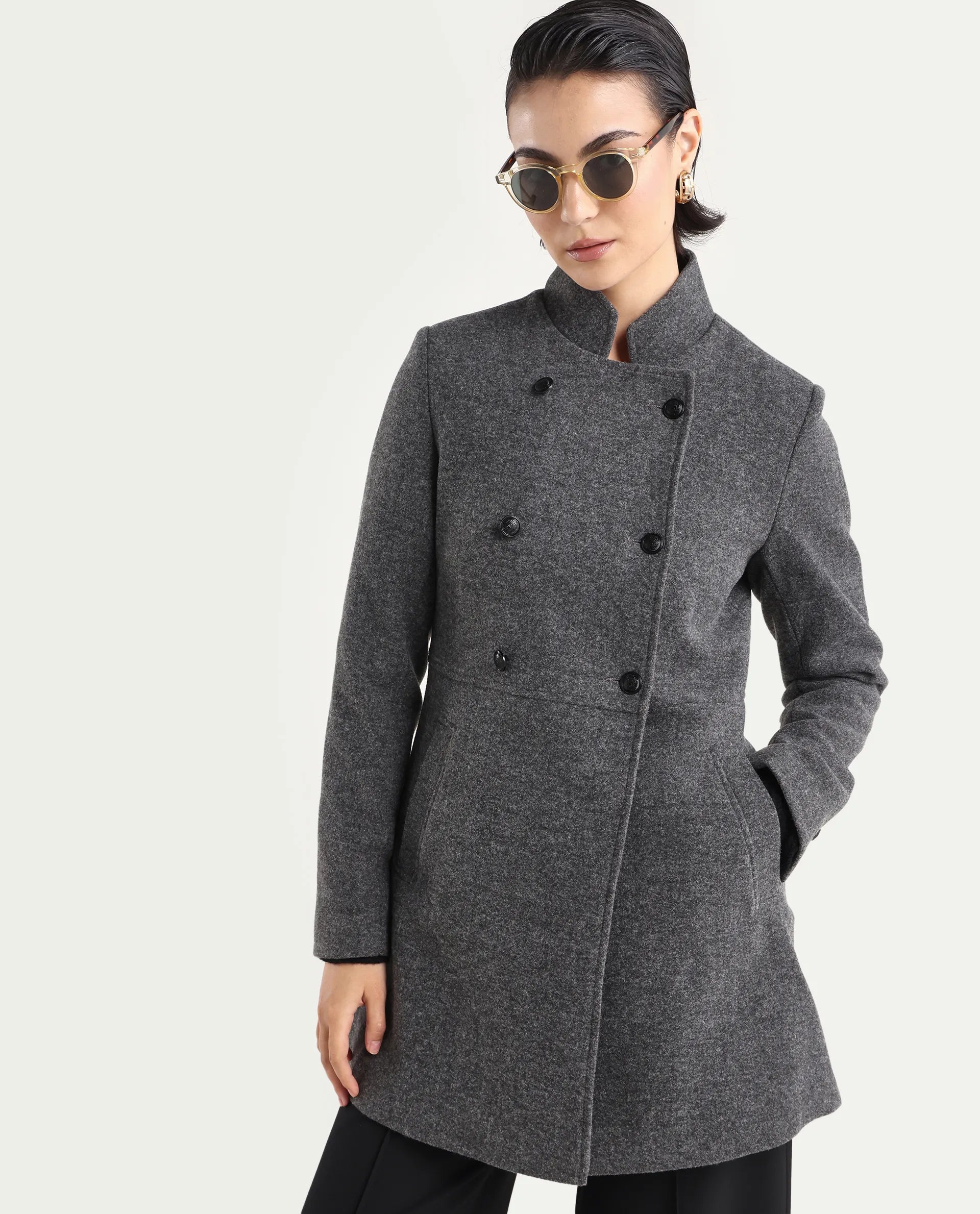 Rareism Women's Norint Dark Grey Polyester Blend Mandarin Collar Fitted Coat