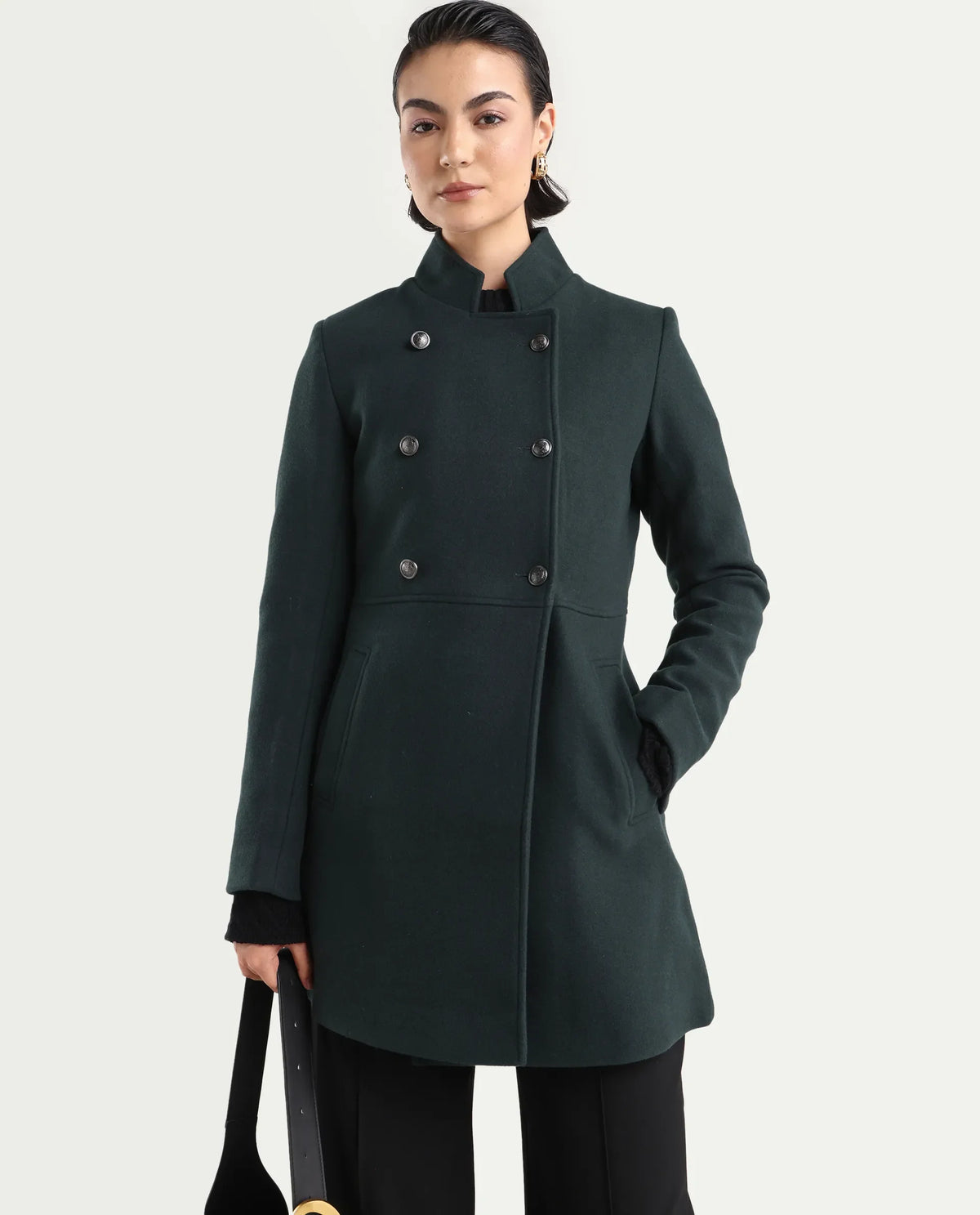 Rareism Women's Norint Dark Teal Polyester Blend Mandarin Collar Fitted Coat