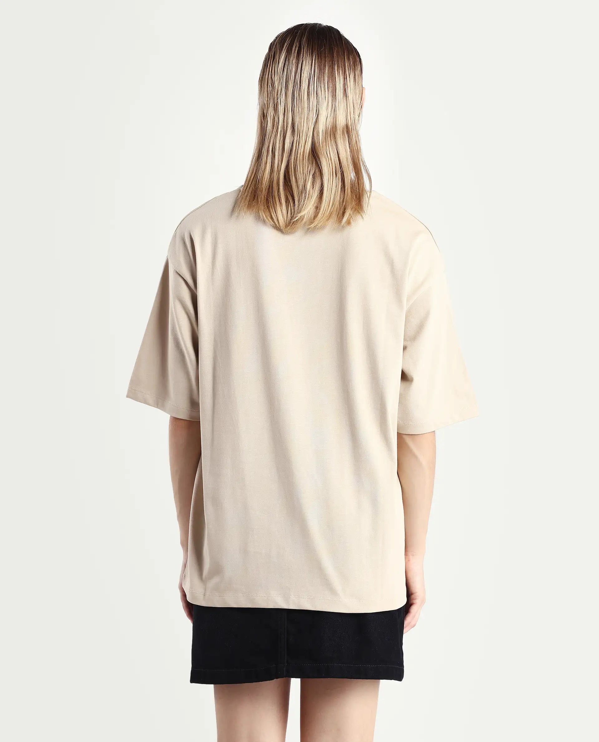 Rareism Women's Nouv Beige Cotton Crew Neck Oversized Fit T-Shirt