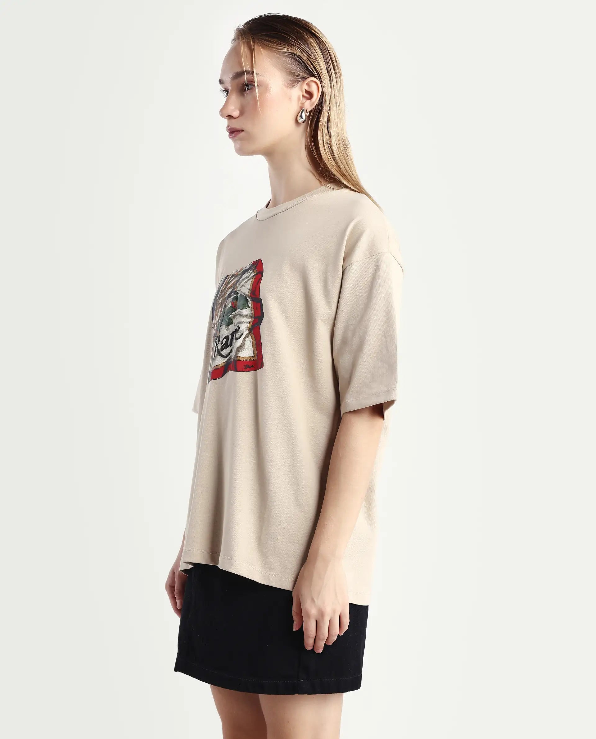 Rareism Women's Nouv Beige Cotton Crew Neck Oversized Fit T-Shirt