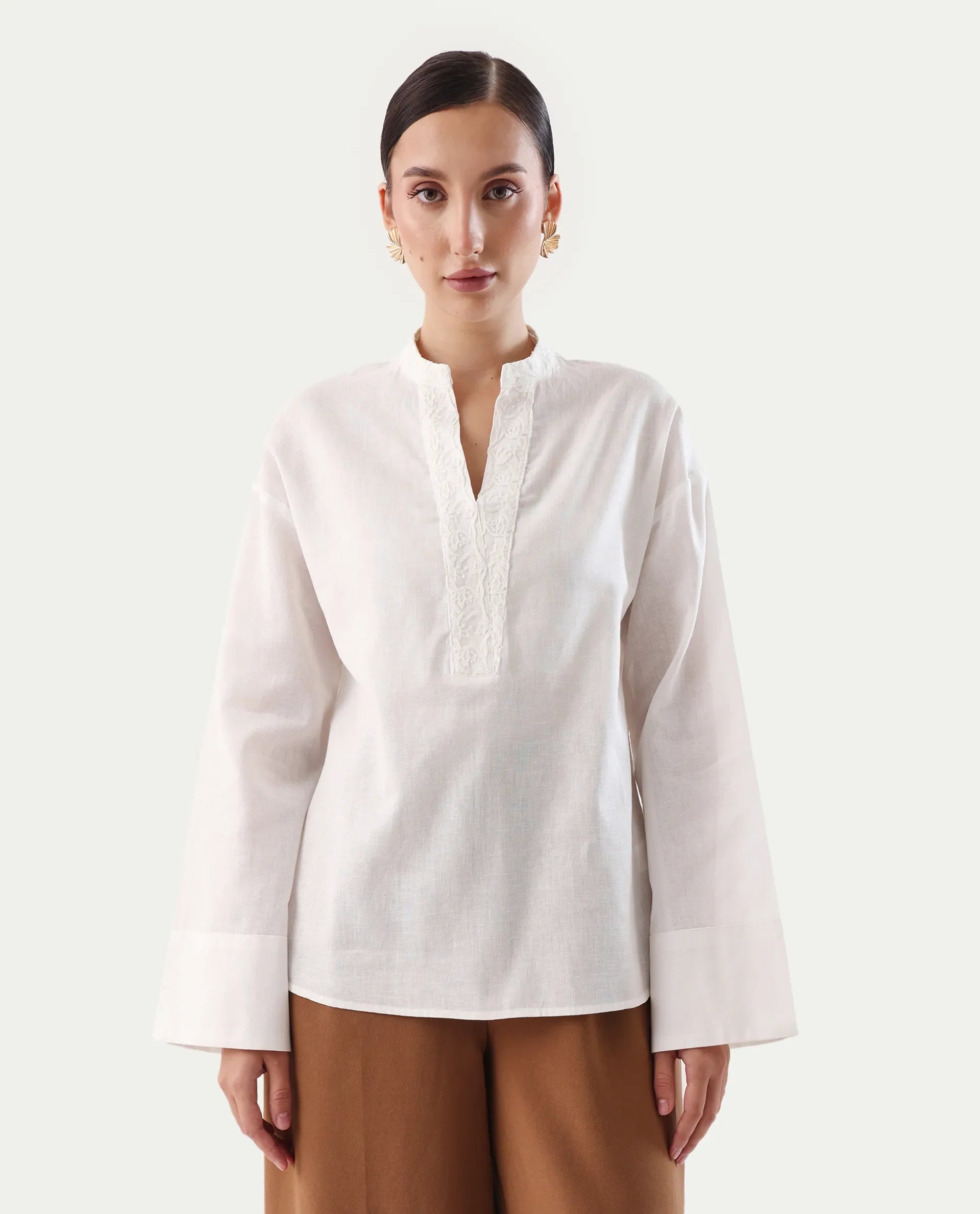 Rareism Women's Nubank Off White Cotton Blend Mandarin Collar Regular Fit Plain Top