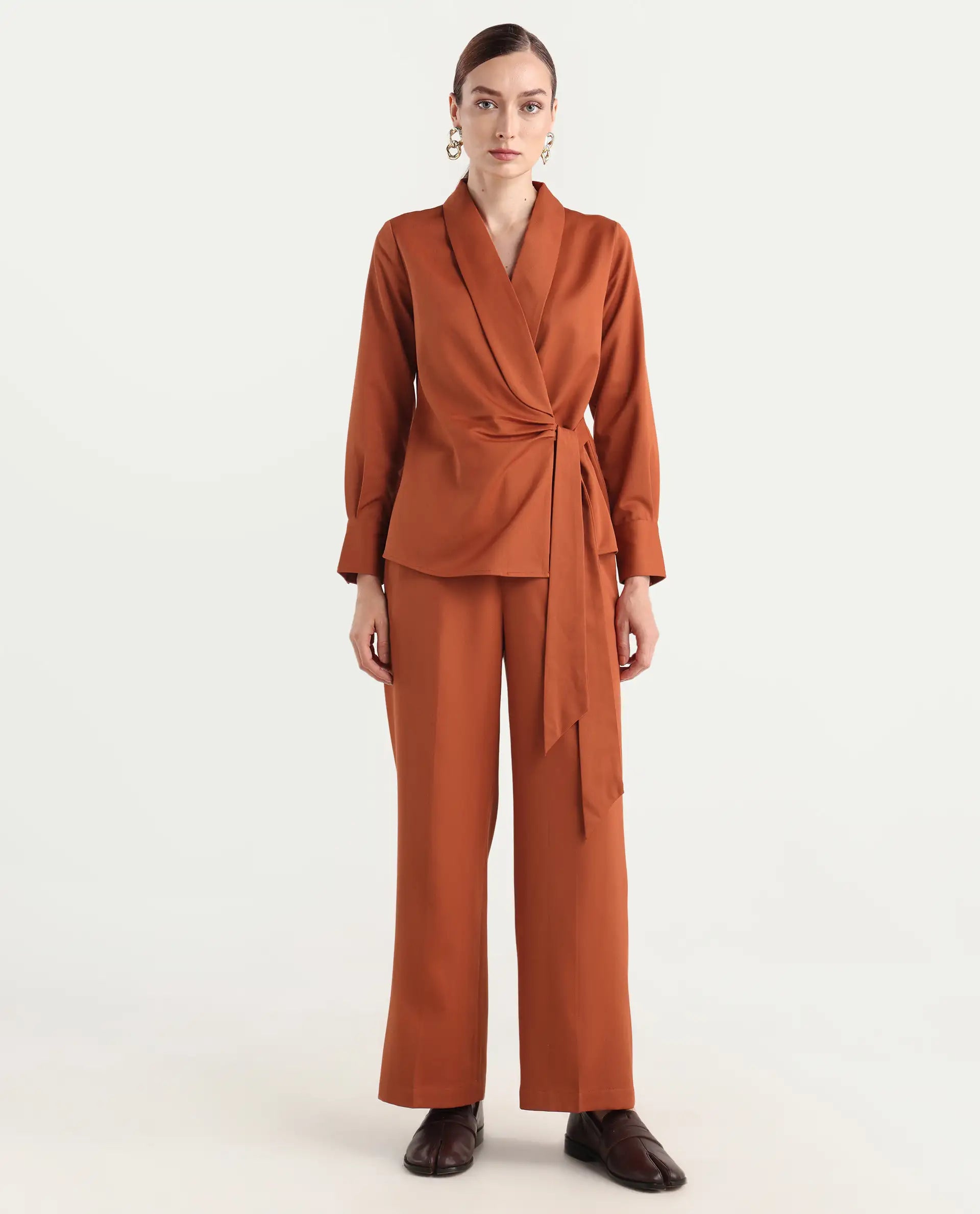 Rareism Women's Nublin-B Rust Polyester Blend Wide Trouser