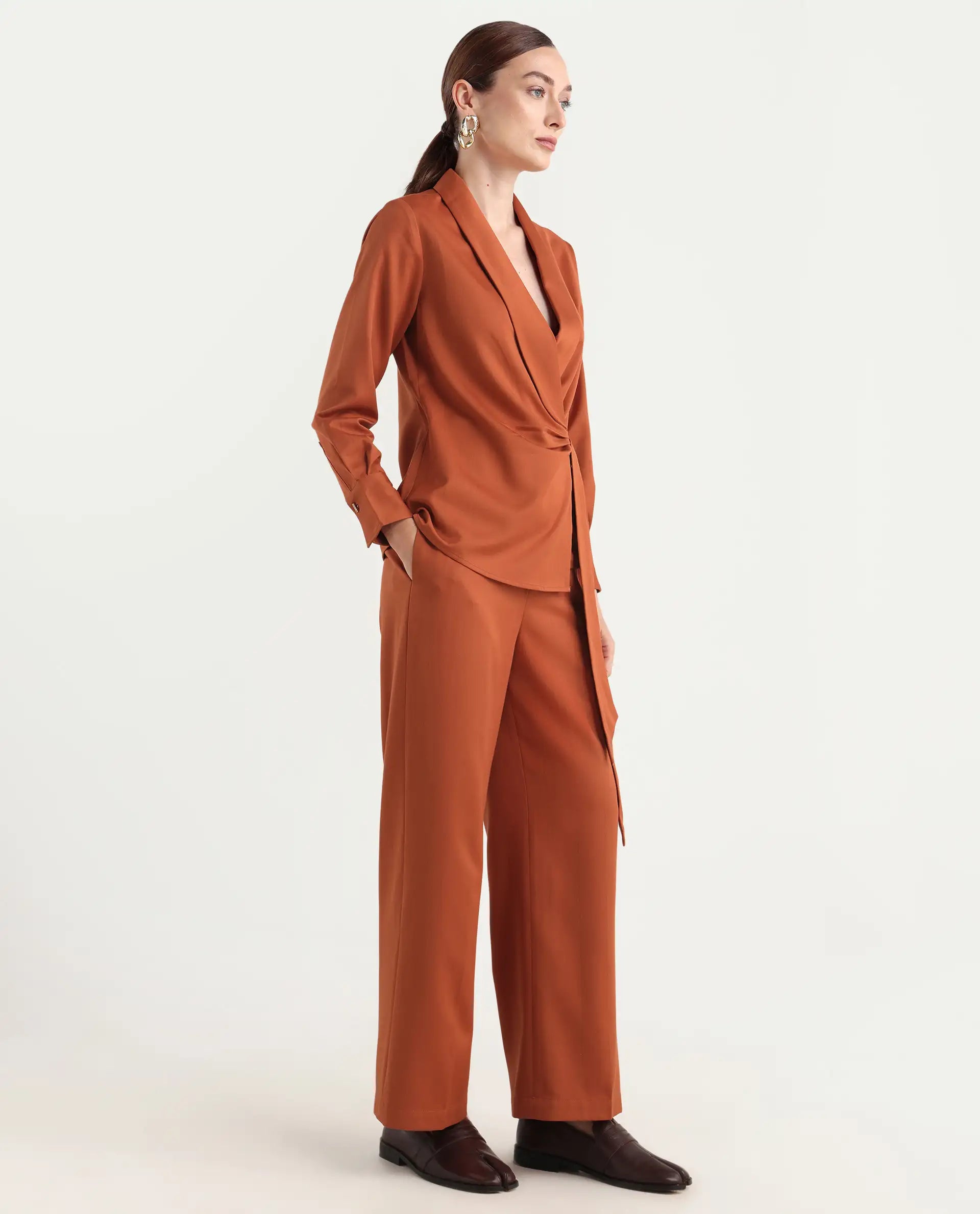 Rareism Women's Nublin-B Rust Polyester Blend Wide Trouser