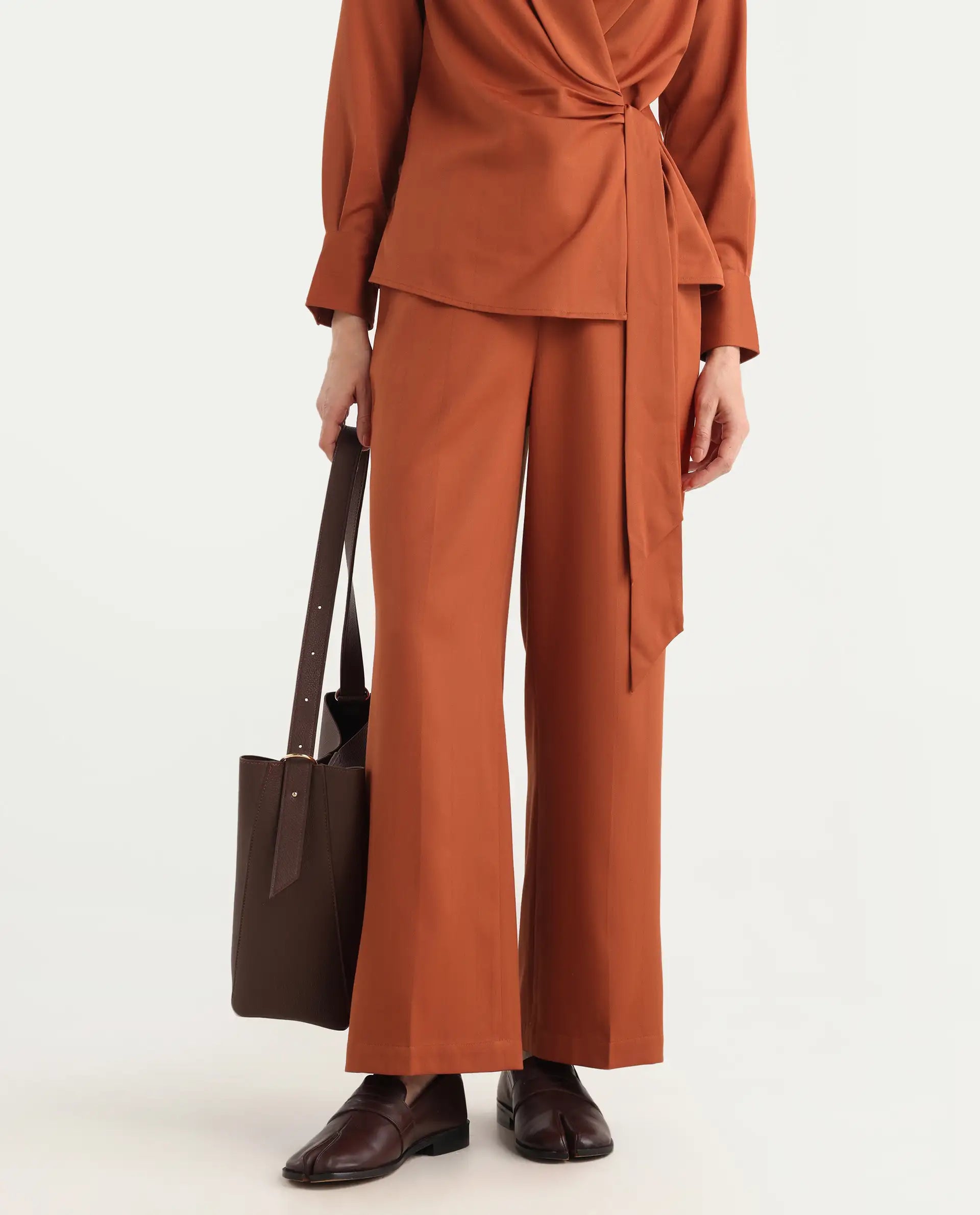 Rareism Women's Nublin-B Rust Polyester Blend Wide Trouser