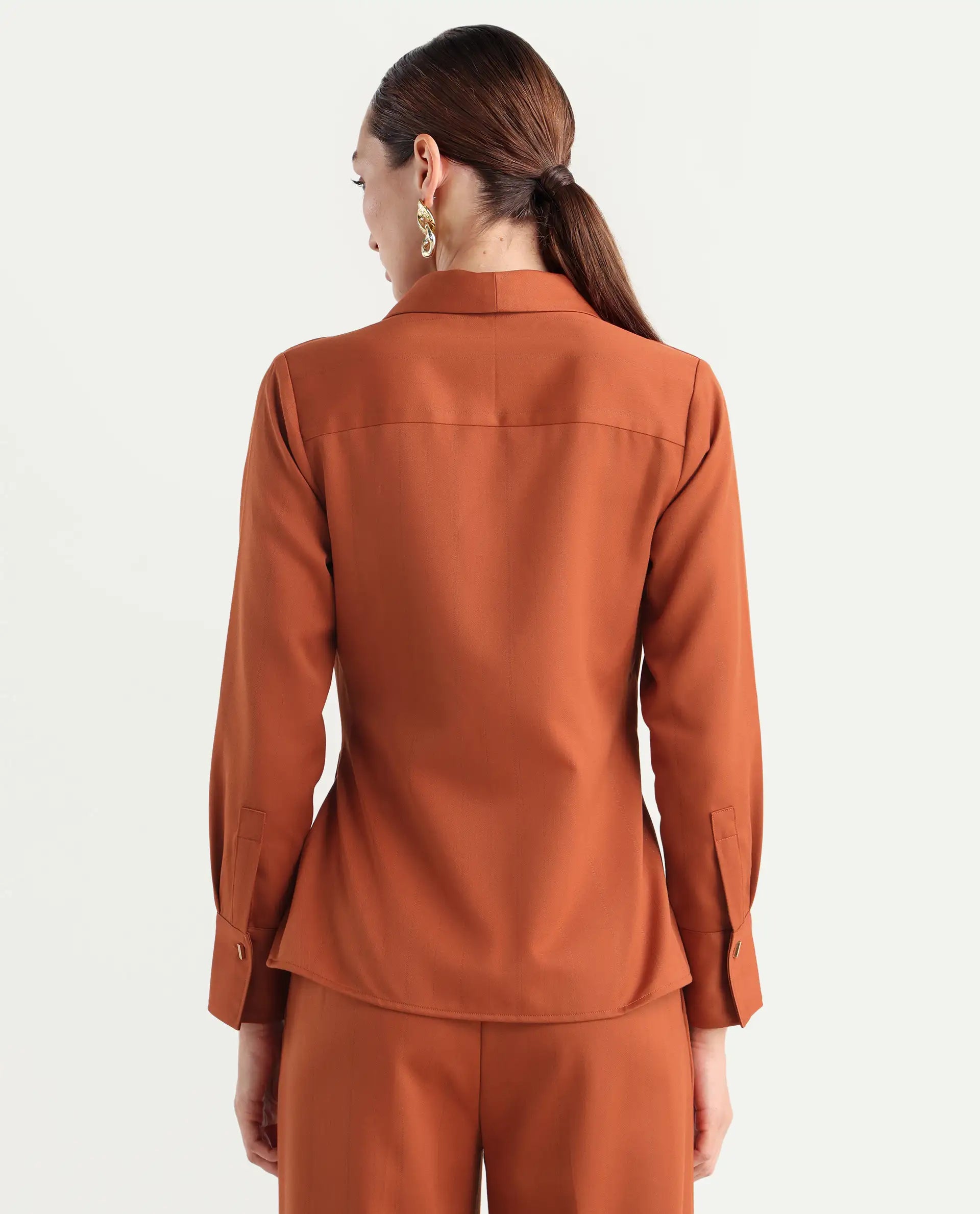 Rareism Women's Nublin-T Rust Polyester Blend Full Sleeve Lapel Neck Regular Fit Top