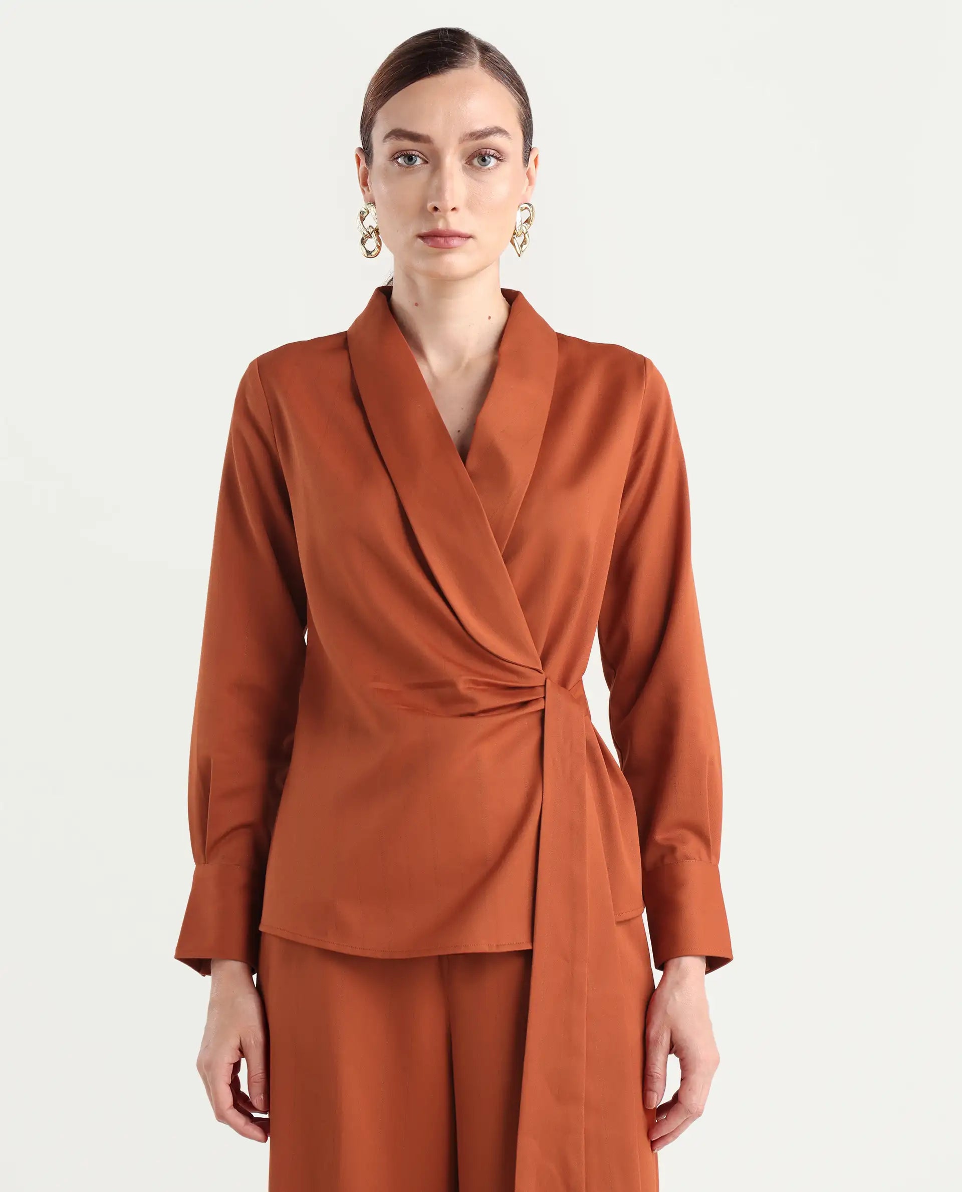 Rareism Women's Nublin-T Rust Polyester Blend Full Sleeve Lapel Neck Regular Fit Top