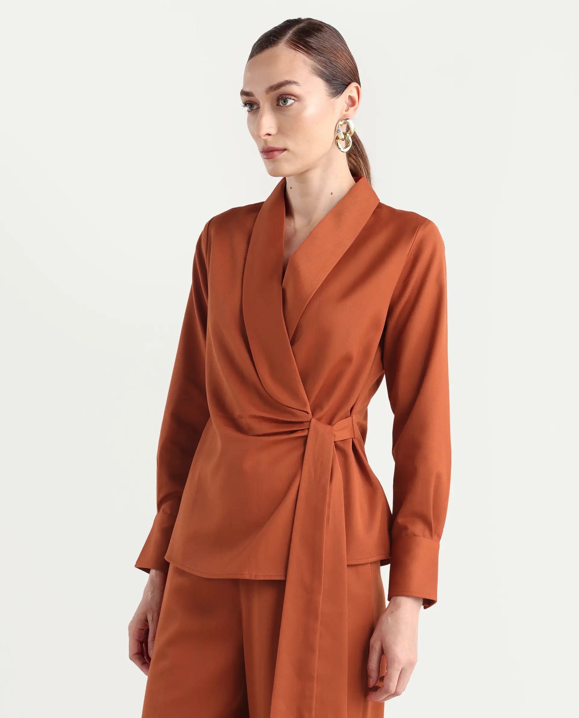 Rareism Women's Nublin-T Rust Polyester Blend Full Sleeve Lapel Neck Regular Fit Top