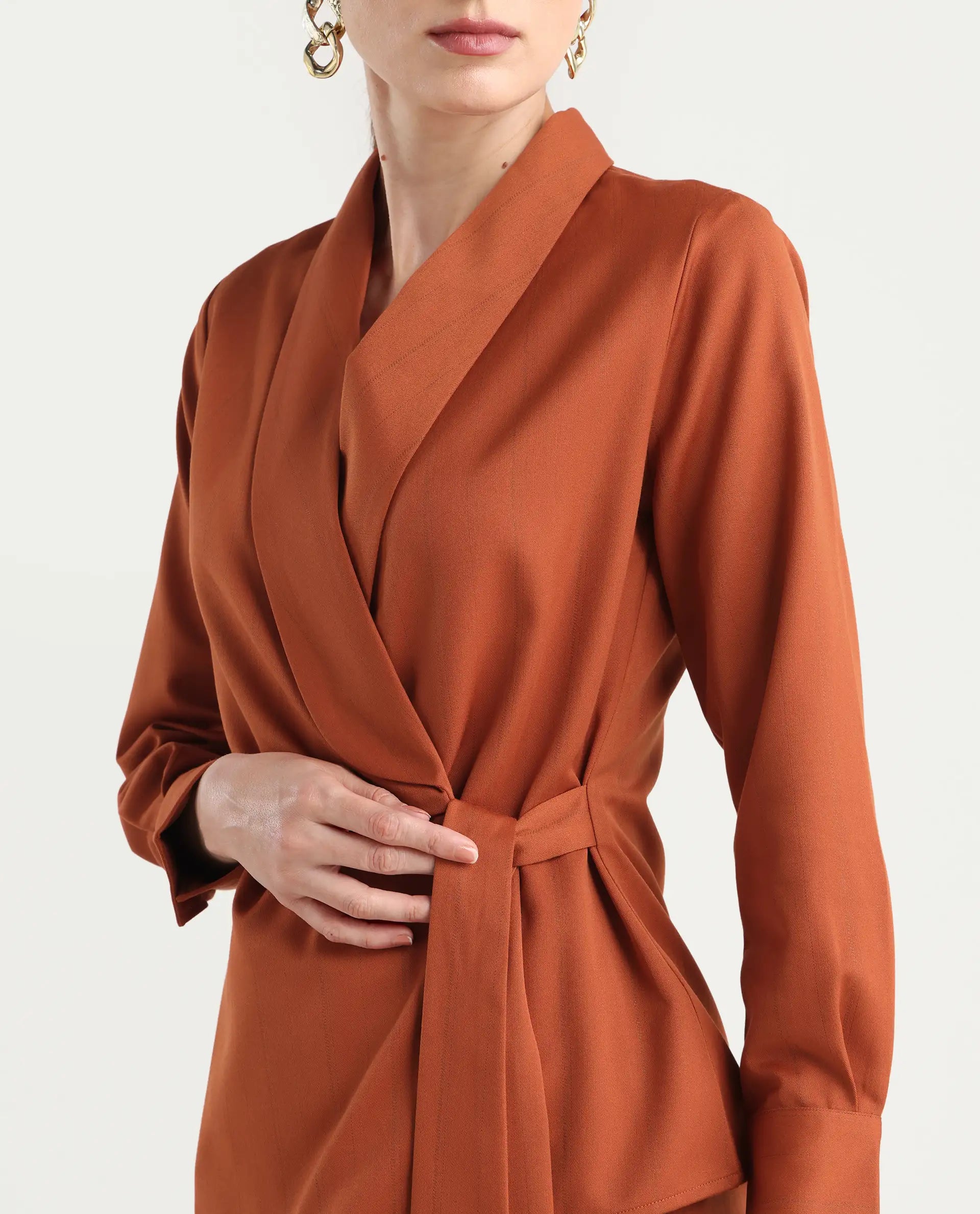 Rareism Women's Nublin-T Rust Polyester Blend Full Sleeve Lapel Neck Regular Fit Top