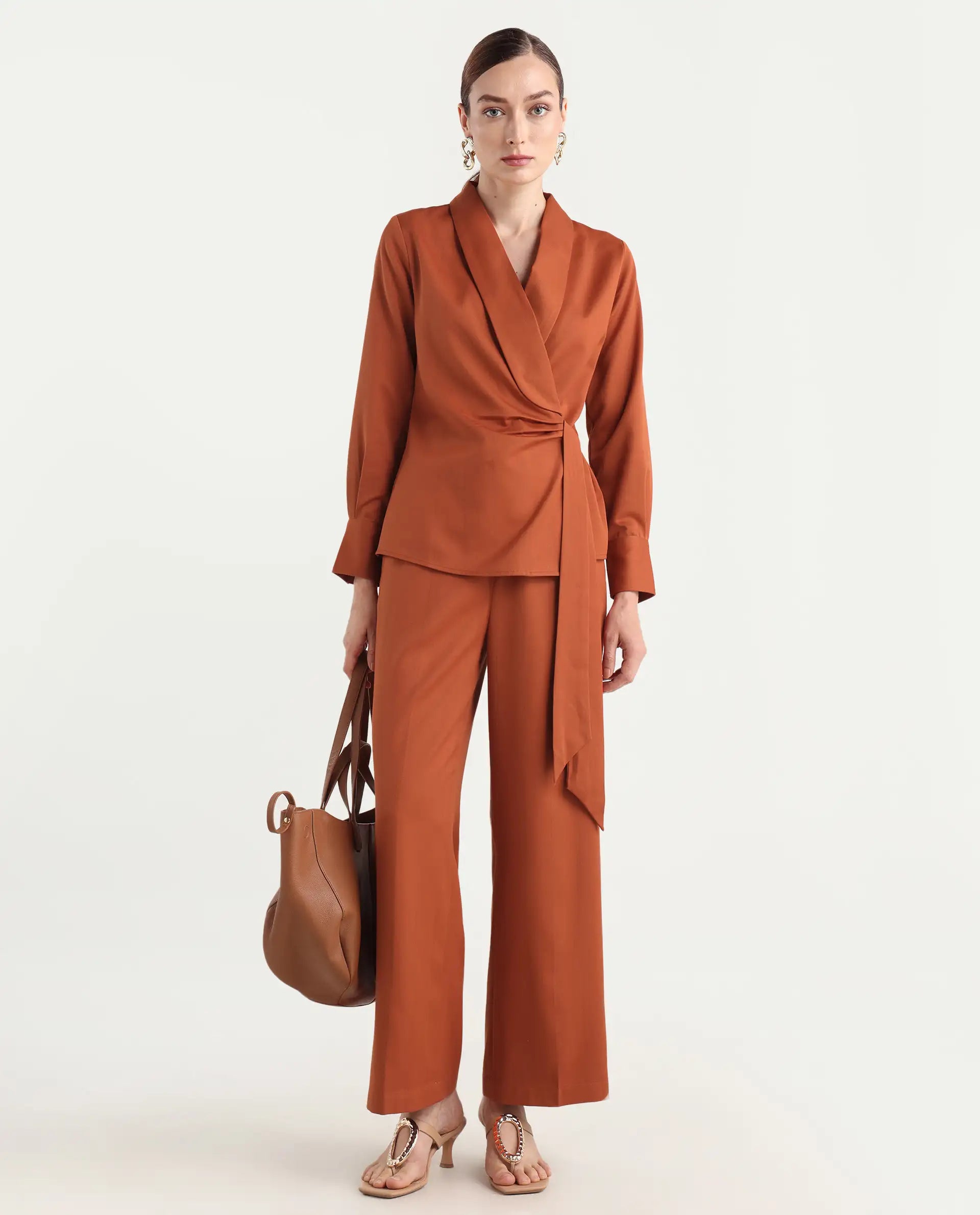 Rareism Women's Nublin-T Rust Polyester Blend Full Sleeve Lapel Neck Regular Fit Top