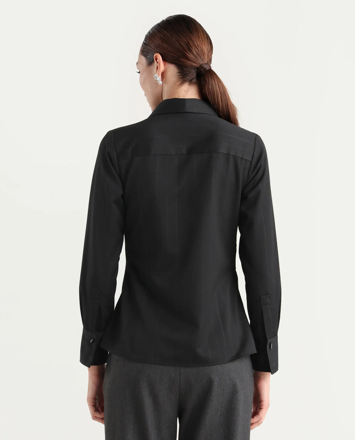 Rareism Women Nublin Black Cuffed Sleeve Lapel Neck Tie-Up Closure Plain Top