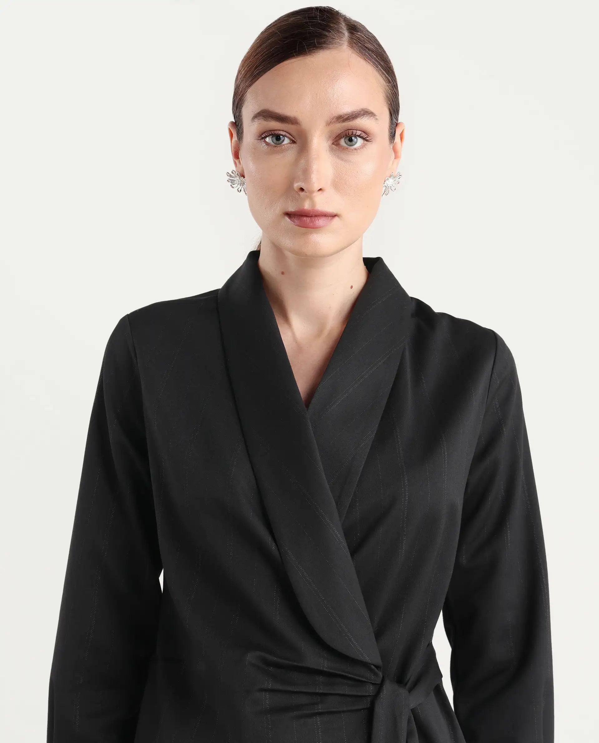 Rareism Women Nublin Black Cuffed Sleeve Lapel Neck Tie-Up Closure Plain Top
