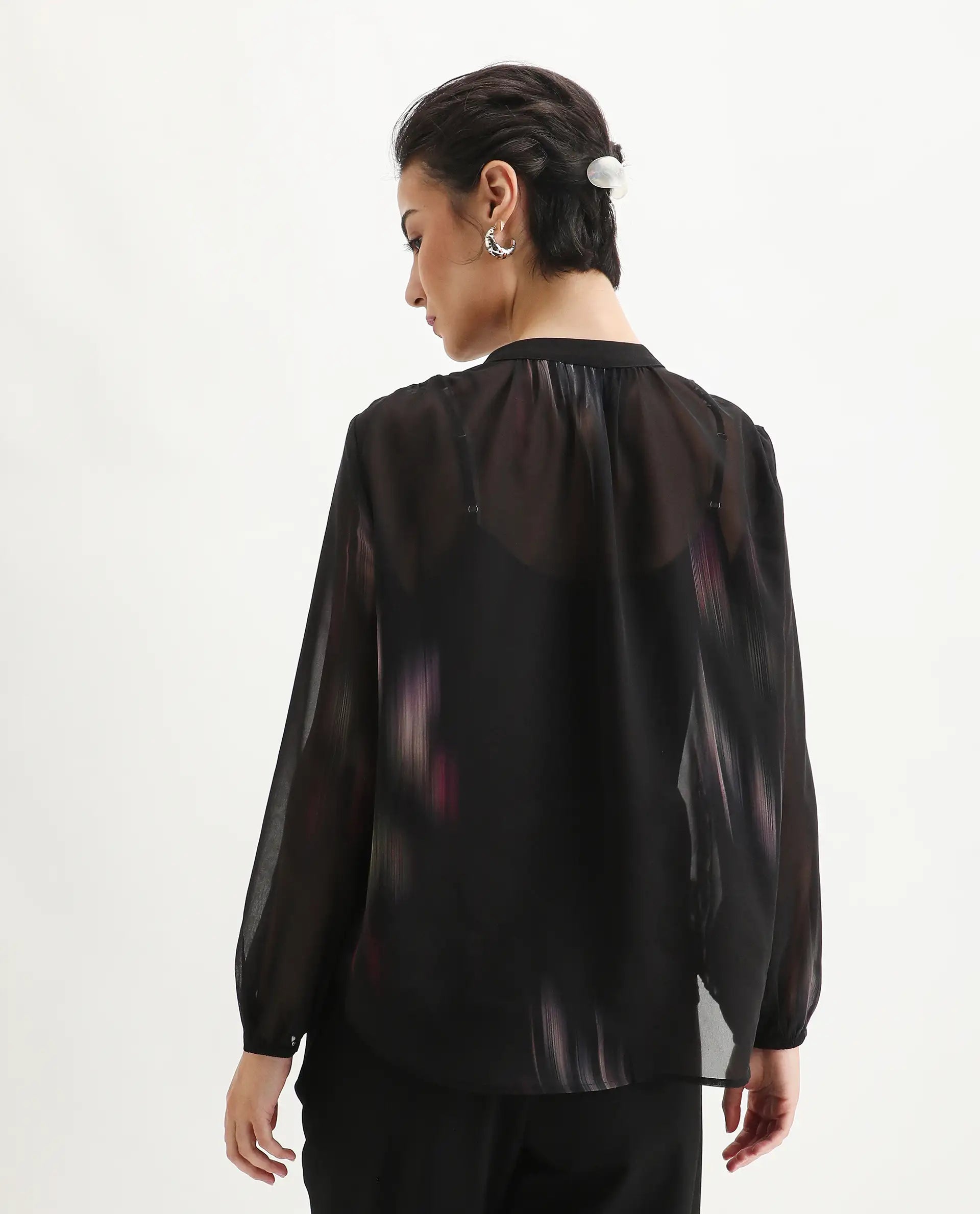 Rareism Women's Nucoso Black Polyester Full Sleeve V-Neck Relaxed Fit Top