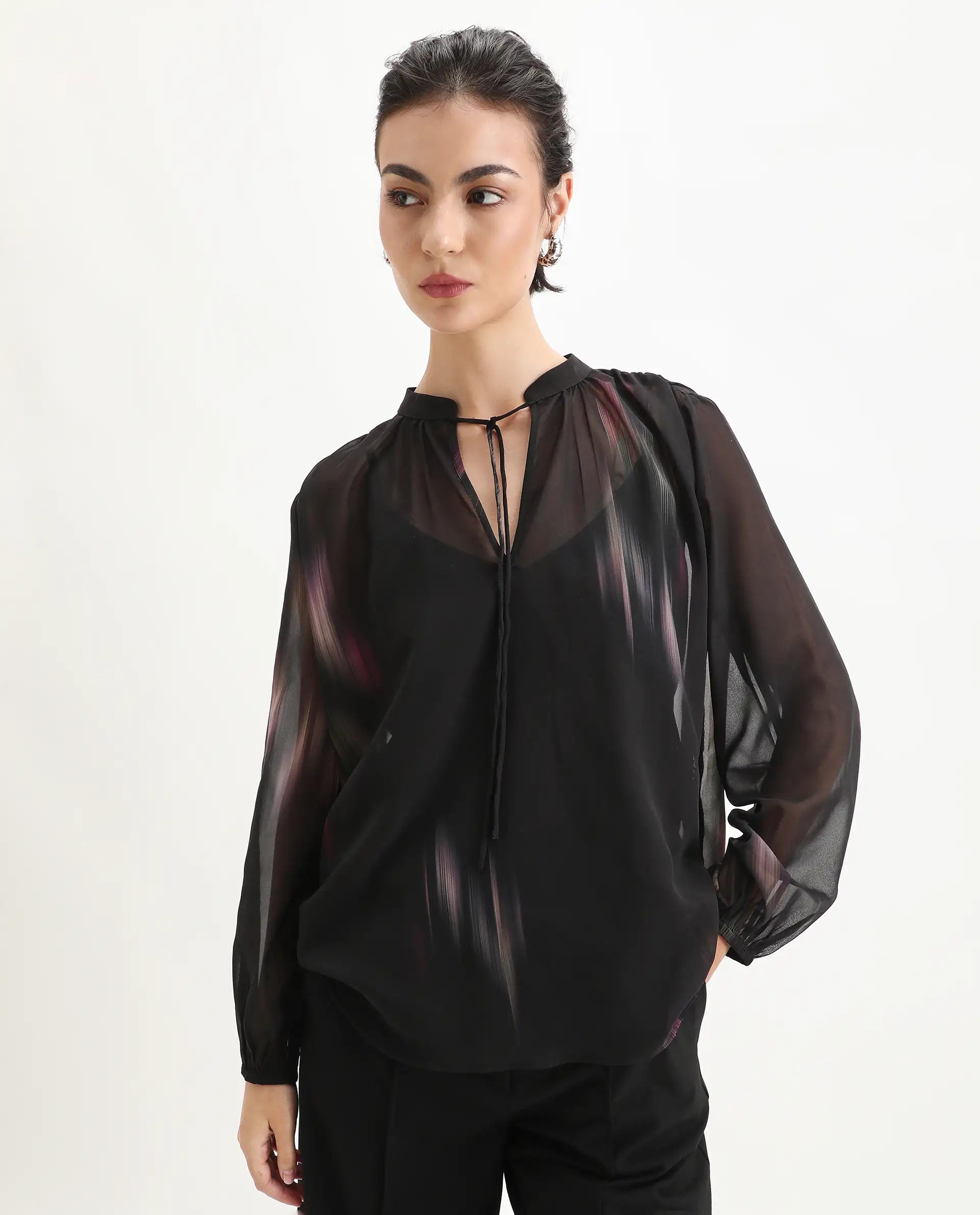 Rareism Women's Nucoso Black Polyester Full Sleeve V-Neck Relaxed Fit Top