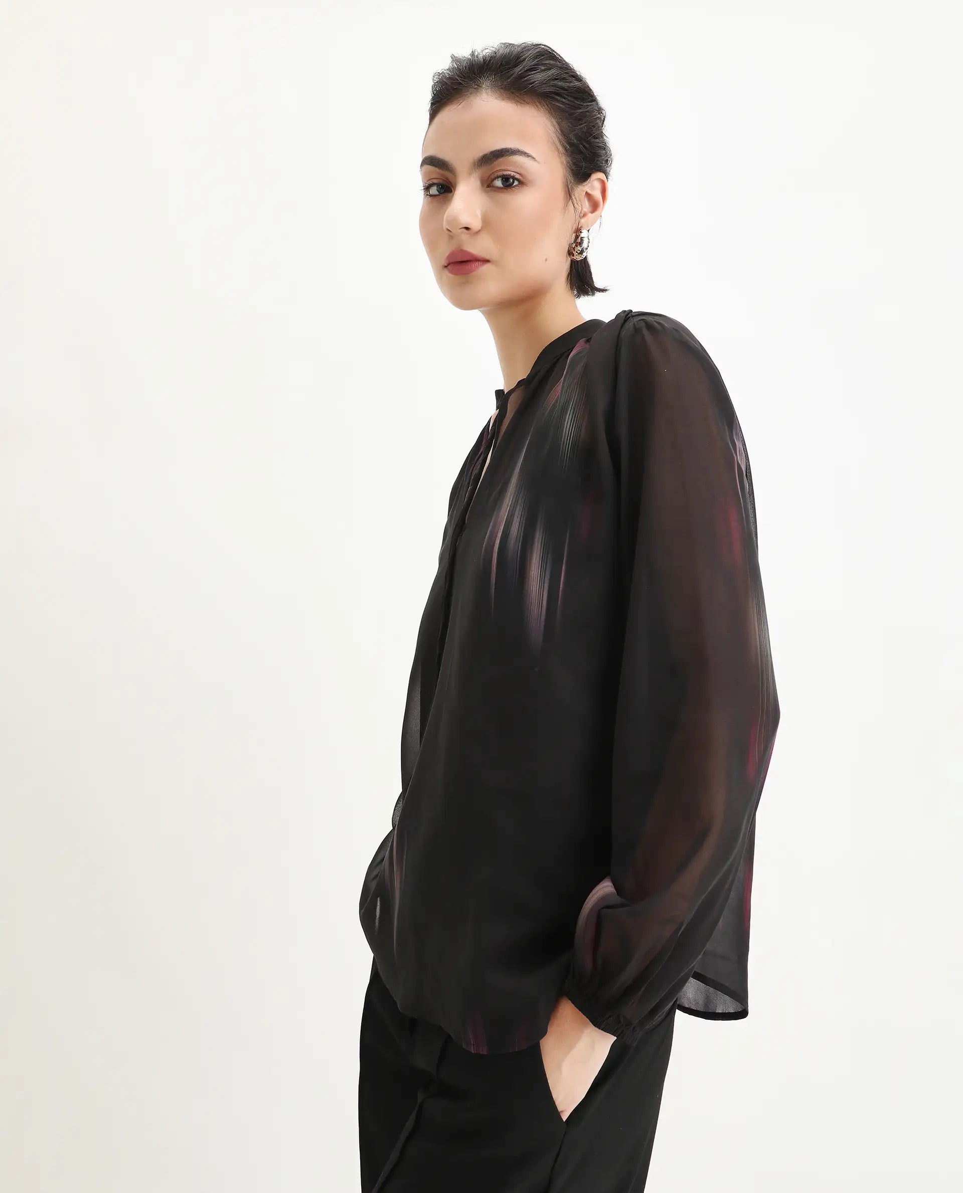 Rareism Women's Nucoso Black Polyester Full Sleeve V-Neck Relaxed Fit Top