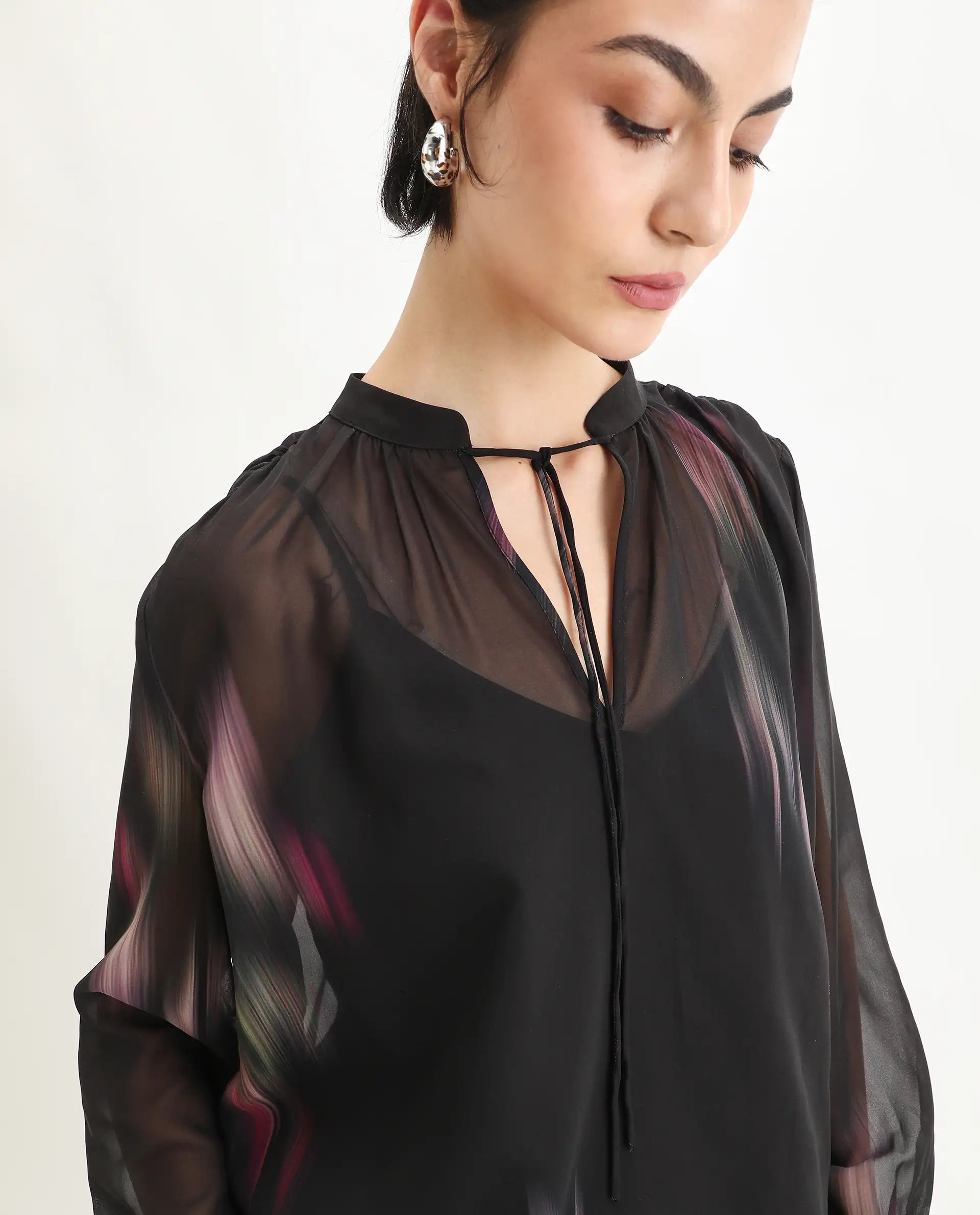 Rareism Women's Nucoso Black Polyester Full Sleeve V-Neck Relaxed Fit Top