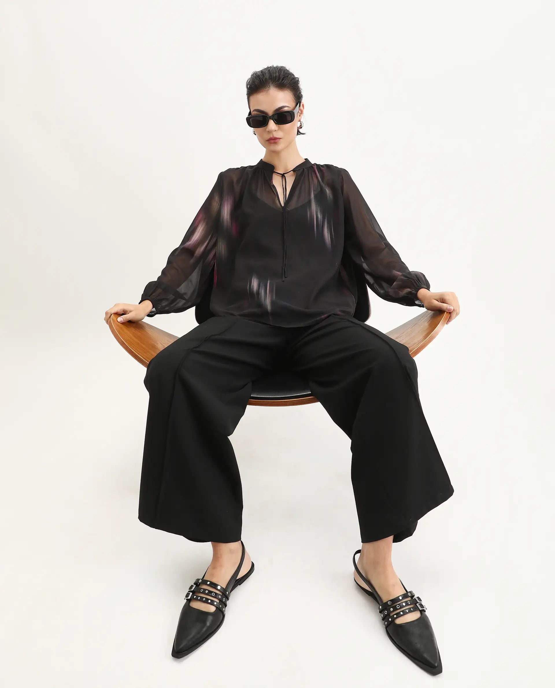 Rareism Women's Nucoso Black Polyester Full Sleeve V-Neck Relaxed Fit Top