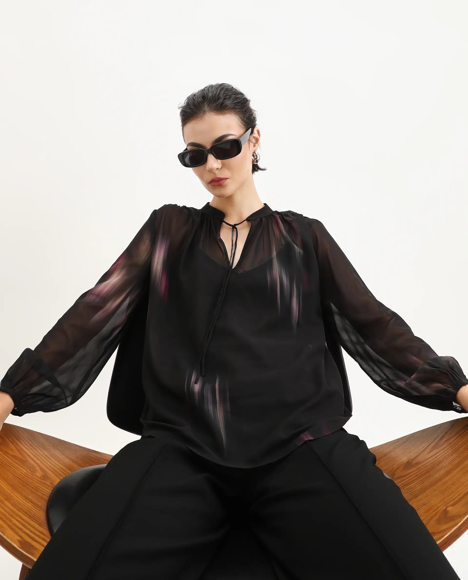 Rareism Women's Nucoso Black Polyester Full Sleeve V-Neck Relaxed Fit Top