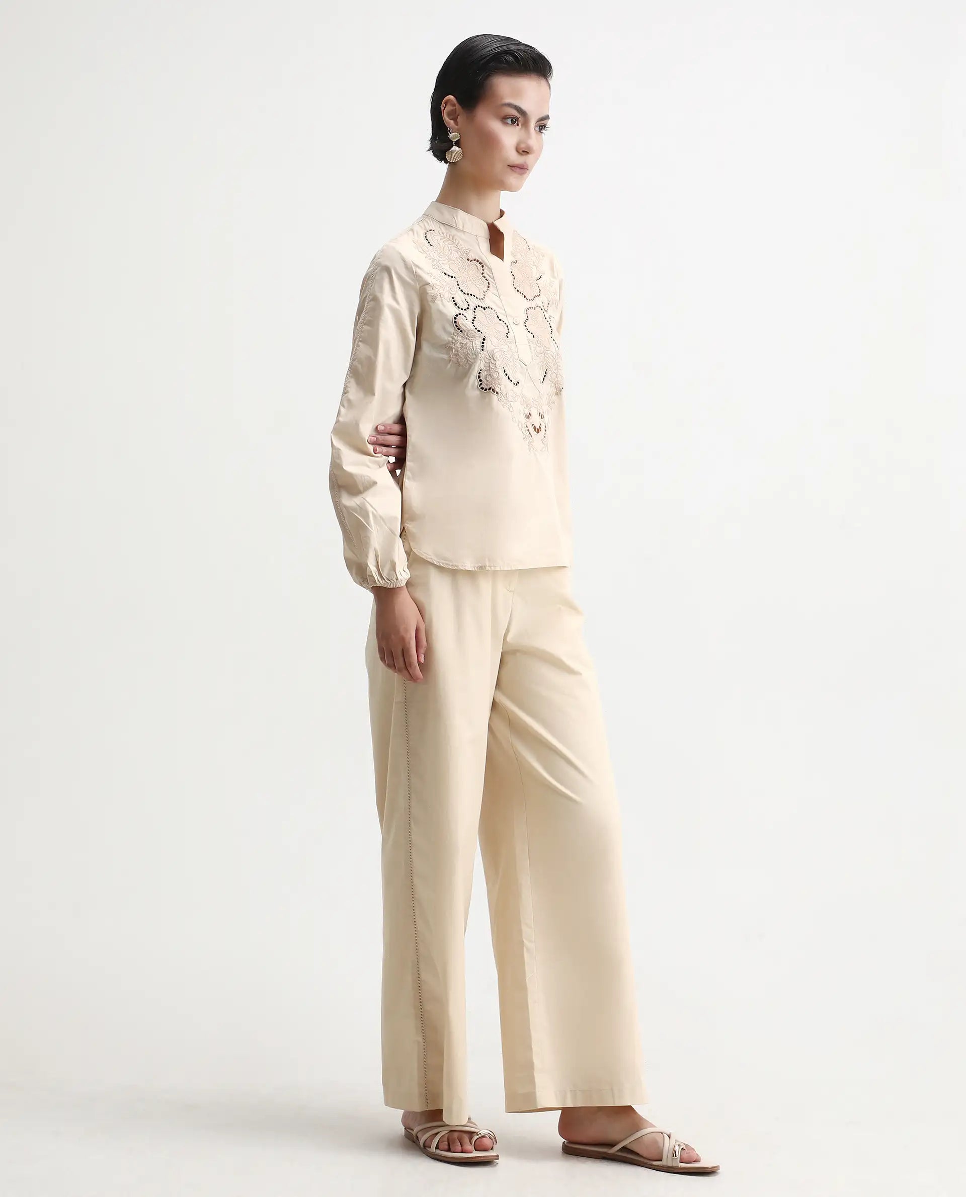 Rareism Women's Nucut-B Beige Cotton Straight Fit Trouser