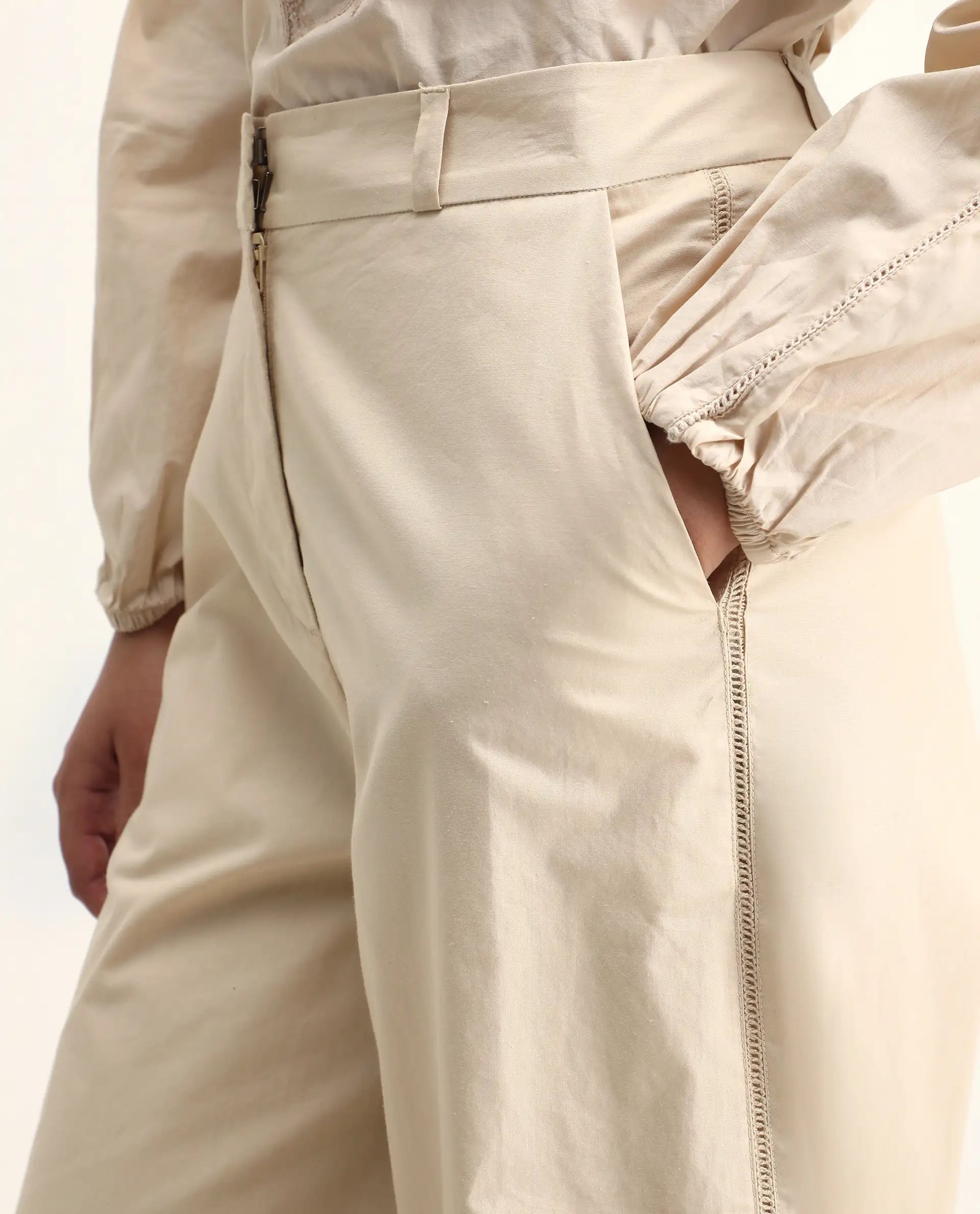 Rareism Women's Nucut-B Beige Cotton Straight Fit Trouser