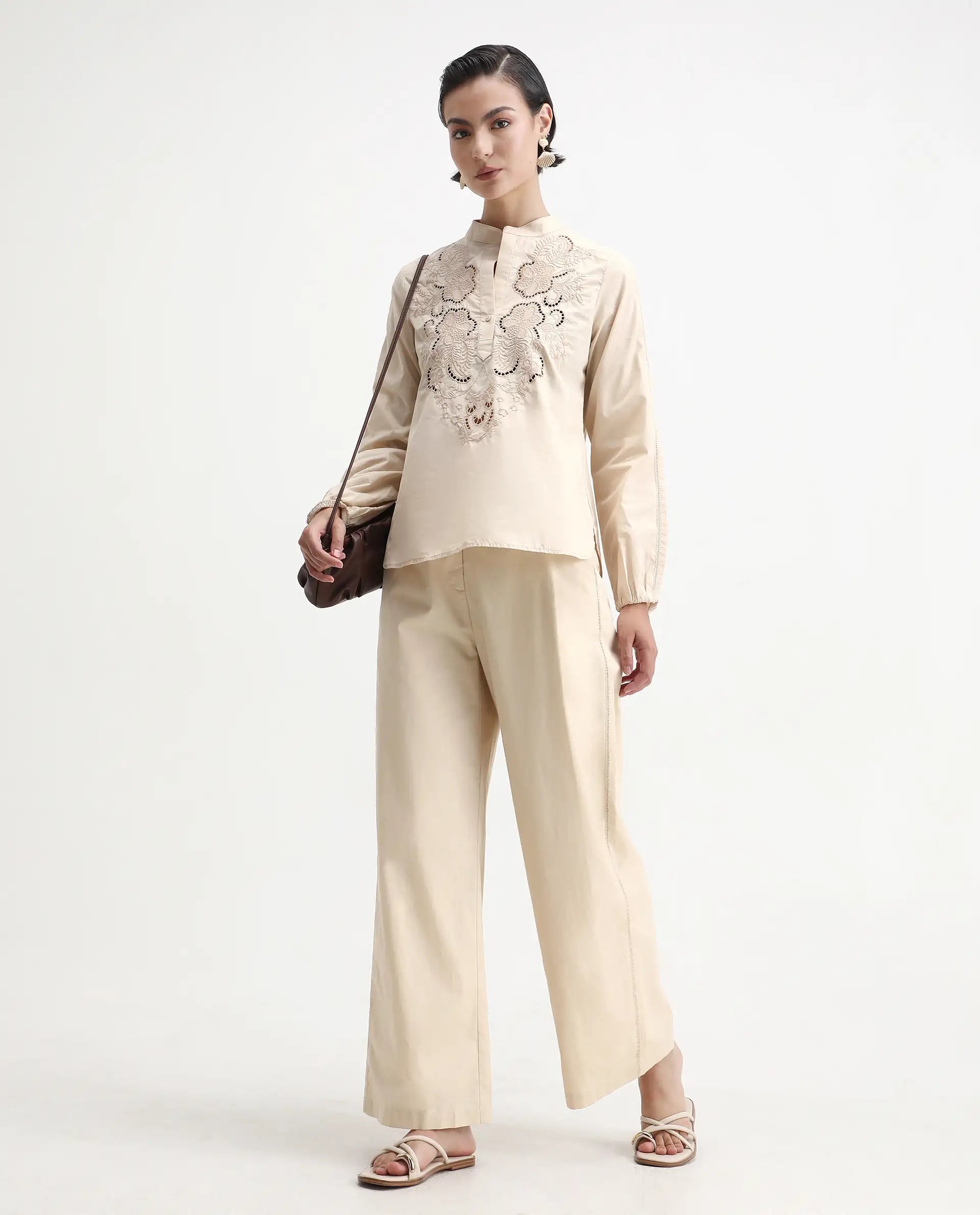 Rareism Women's Nucut-B Beige Cotton Straight Fit Trouser