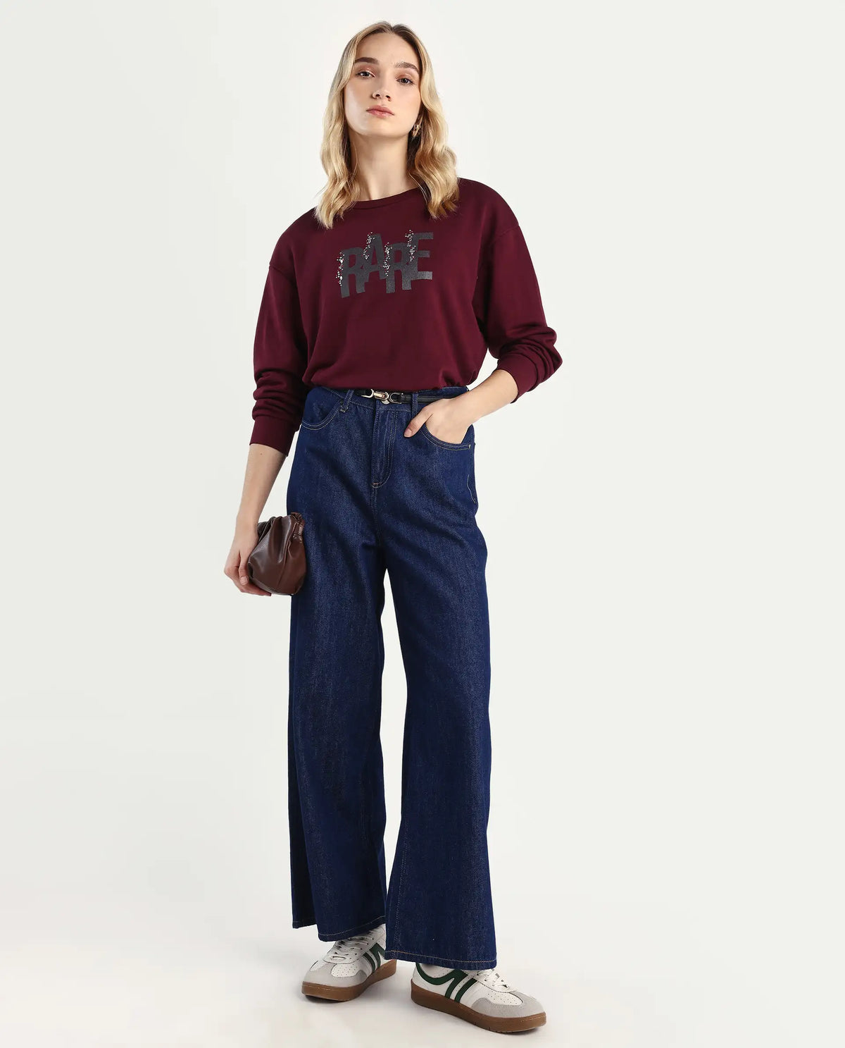 Rareism Women's Nudge Dark Maroon Cotton Blend Crew Neck Graphic Print Relaxed Fit Sweatshirt