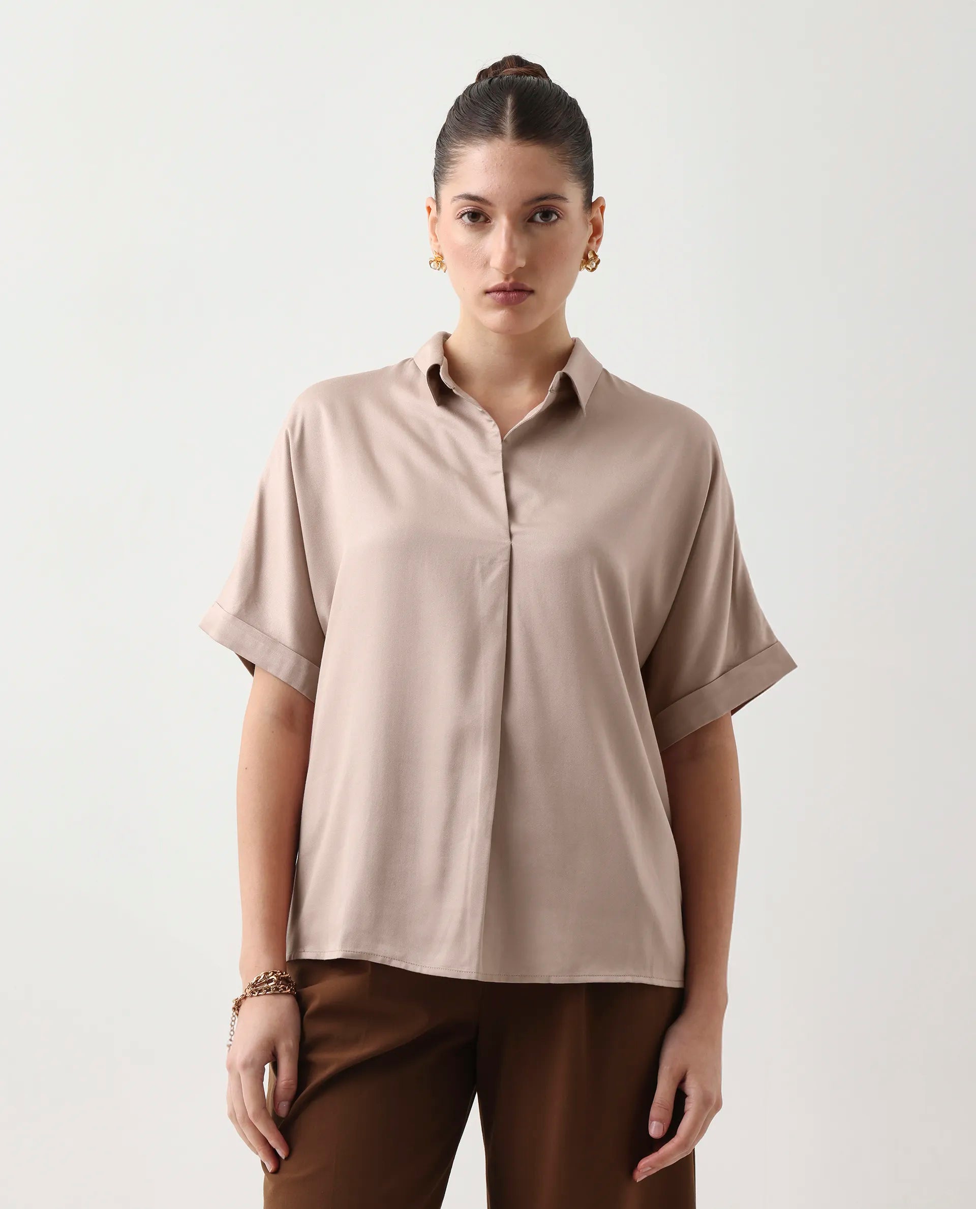 Rareism Women's Nudim Beige Viscose Extended Sleeves Jonny Collar Boxy Fit Plain Top
